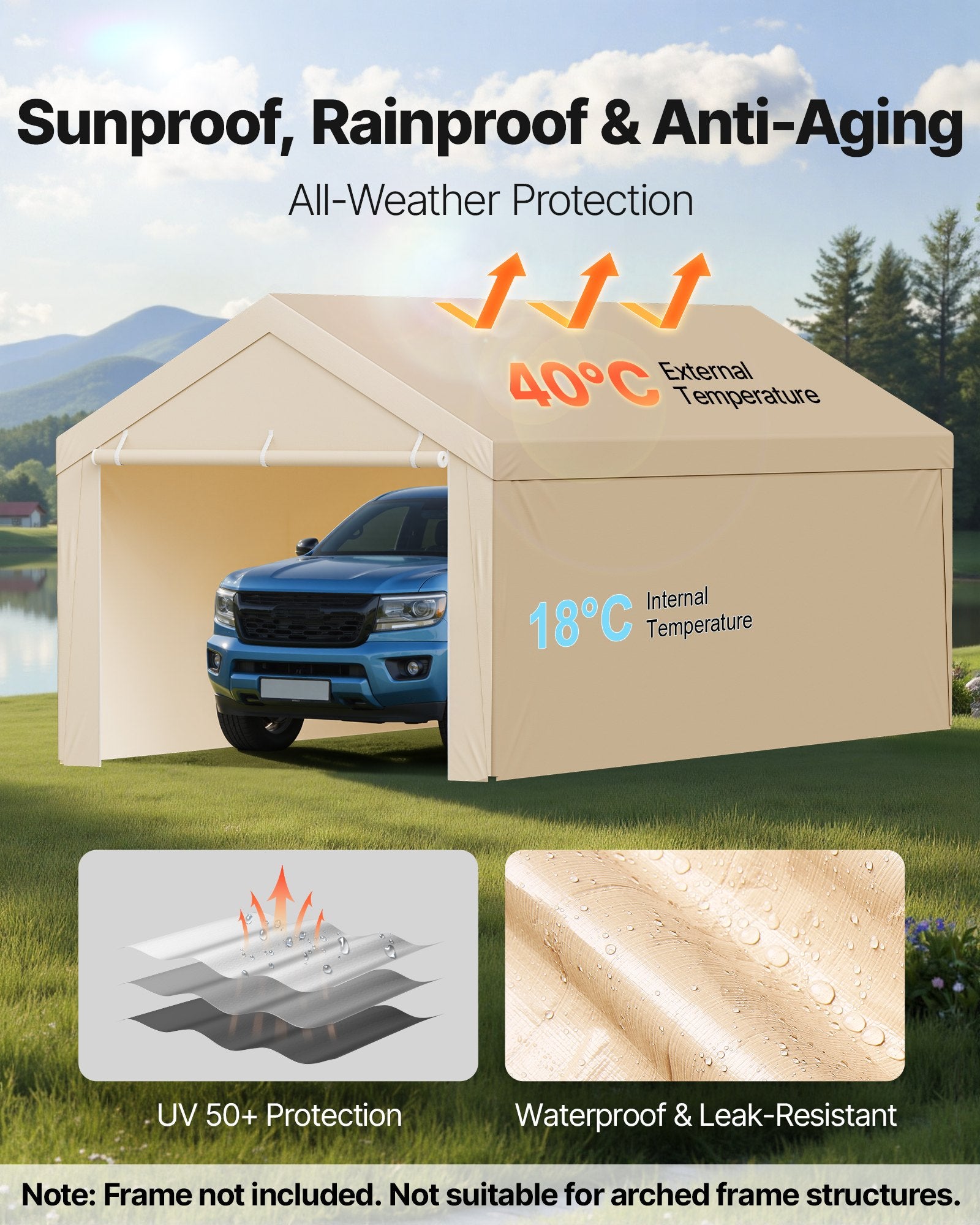 Carport Replacement Canopy, 6 x 3 m Potable Garage Tent Top Tarp with Sidewalls, UV-Resistant & Waterproof, Heavy Duty Car Shelter Tarp with Ball Buggees, Beige, Frame Not Included