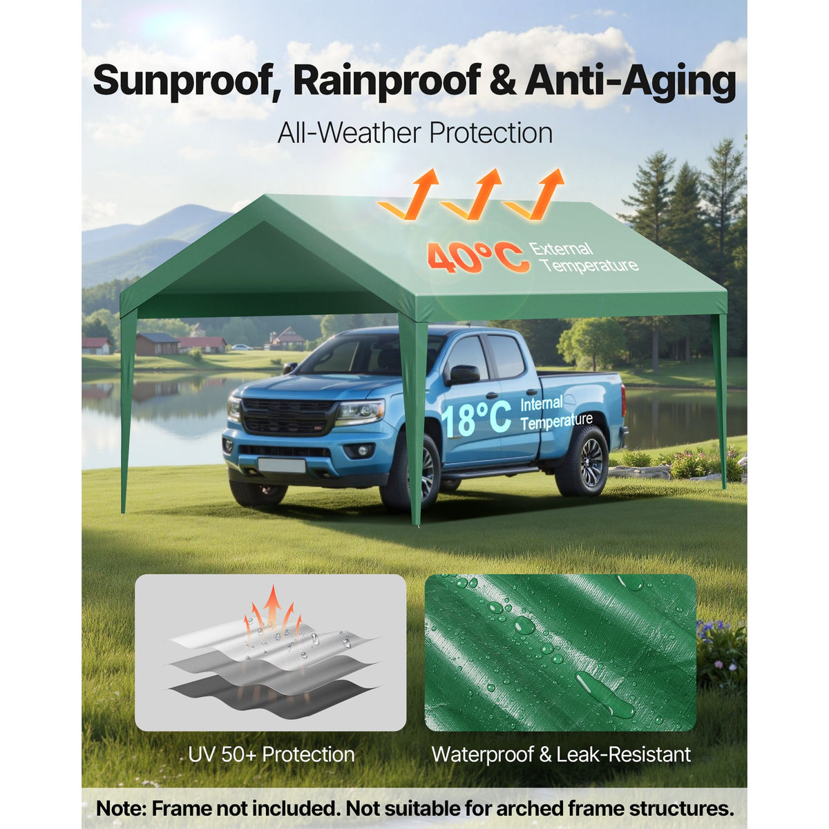 6x3m Dark Green Carport Replacement Canopy Cover UV Waterproof Garage Tarp