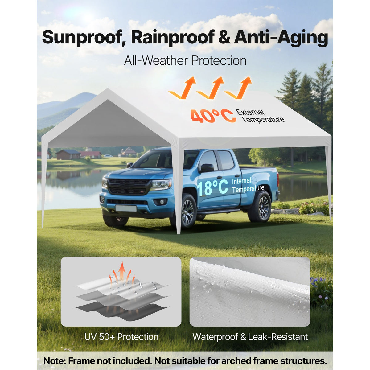 6x3.6m White Carport Replacement Canopy Cover UV Waterproof Garage Tarp