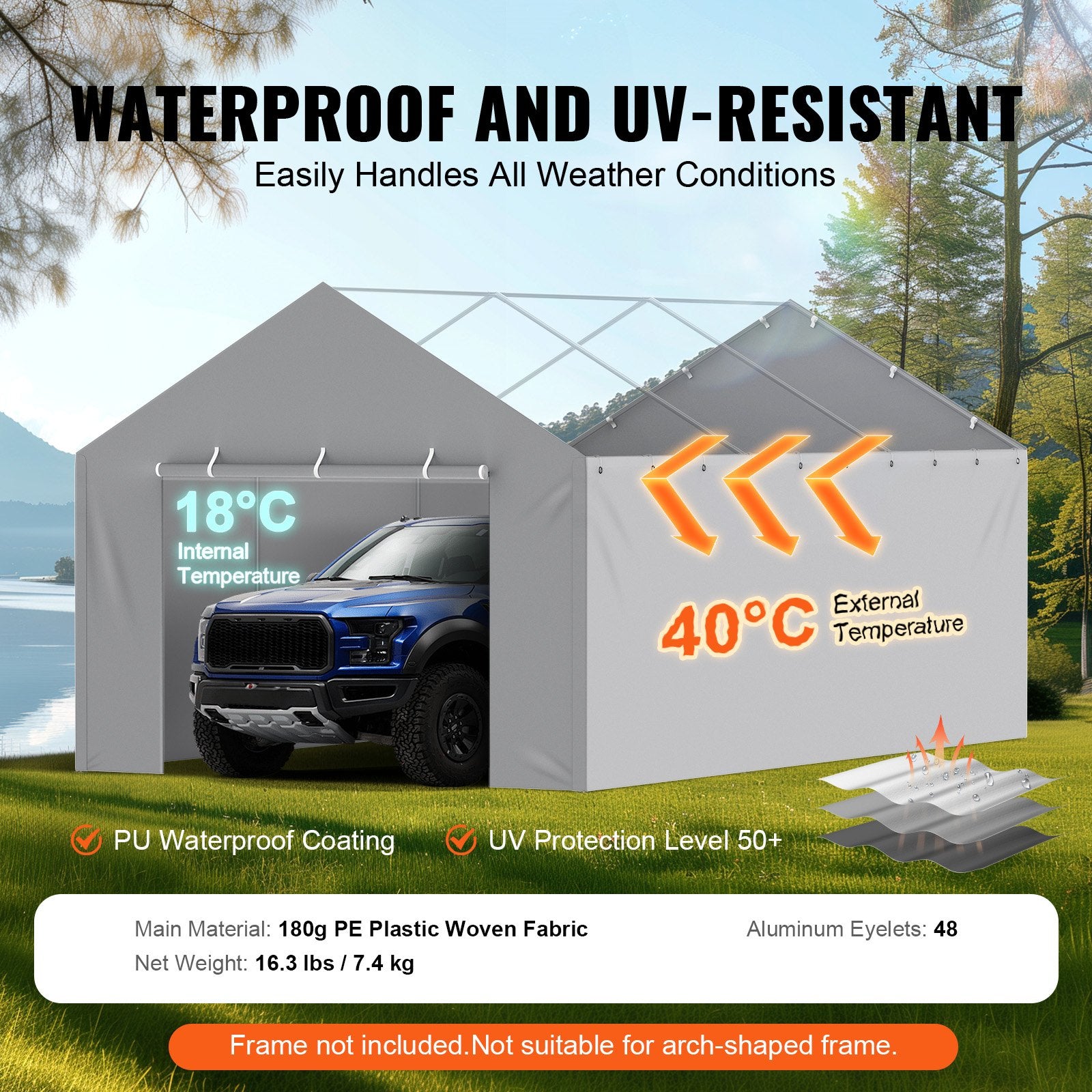 Carport Replacement Canopy Cover Side Wall 6 x 3.6 m, Garage Tent Shelter Tarp Heavy-Duty Waterproof & UV Protected, Easy Installation with Ball Bungees,Grey (Top and Frame Not Included)