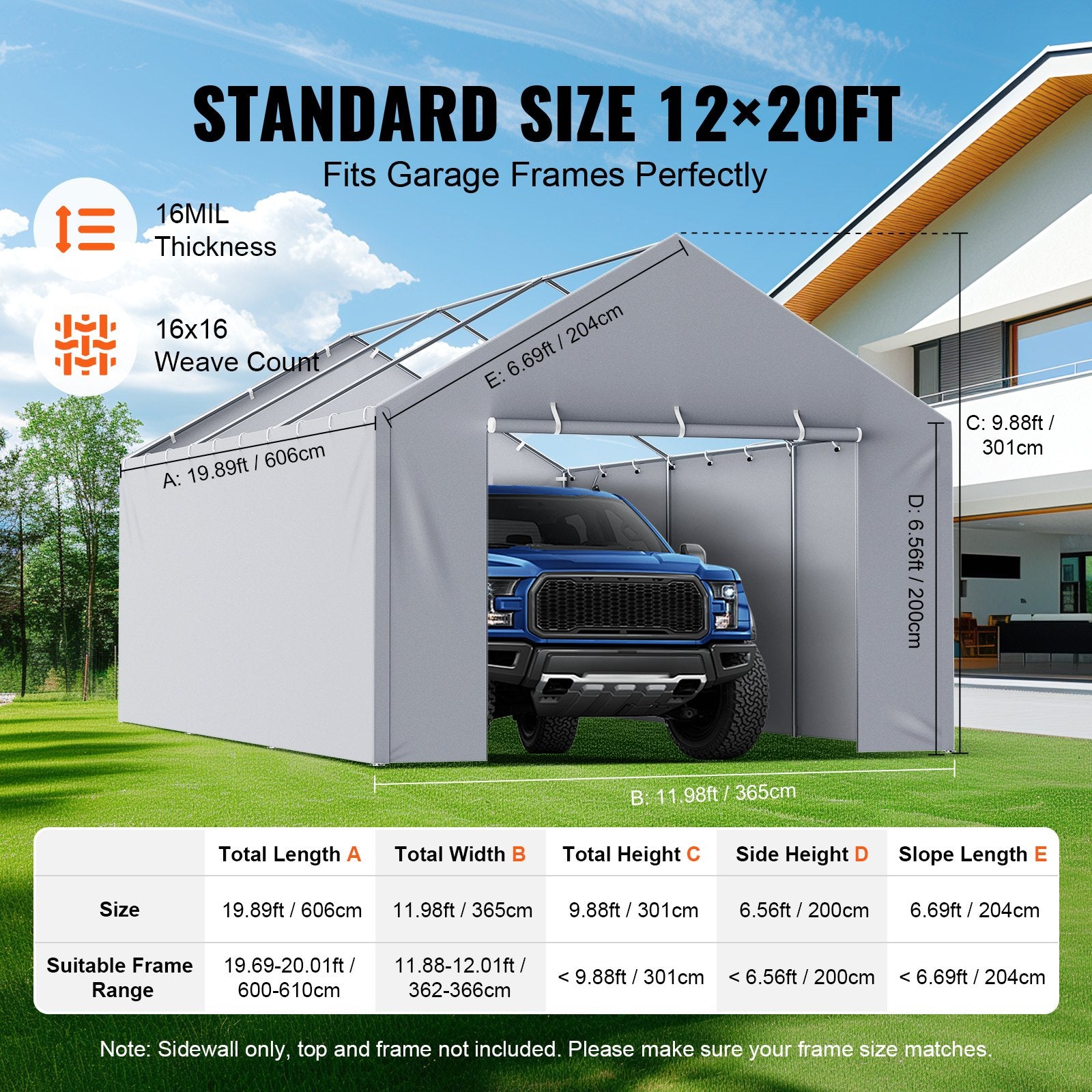 Carport Replacement Canopy Cover Side Wall 6 x 3.6 m, Garage Tent Shelter Tarp Heavy-Duty Waterproof & UV Protected, Easy Installation with Ball Bungees,Grey (Top and Frame Not Included)