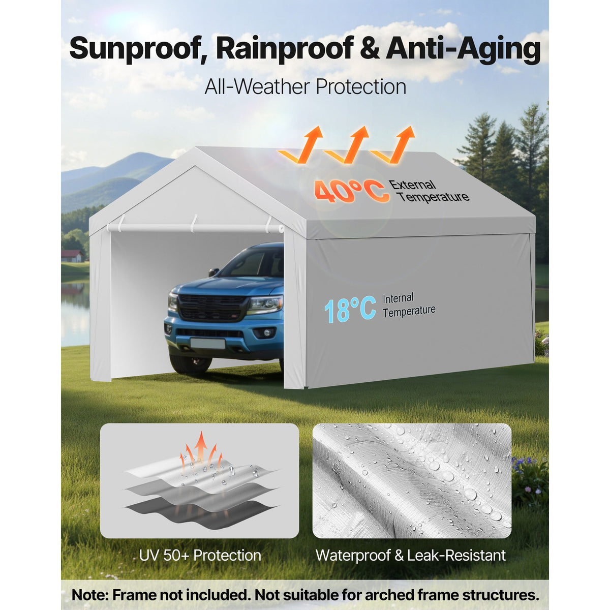 6x3.6m Carport Replacement Canopy Cover Waterproof UV Resistant Garage Tarp