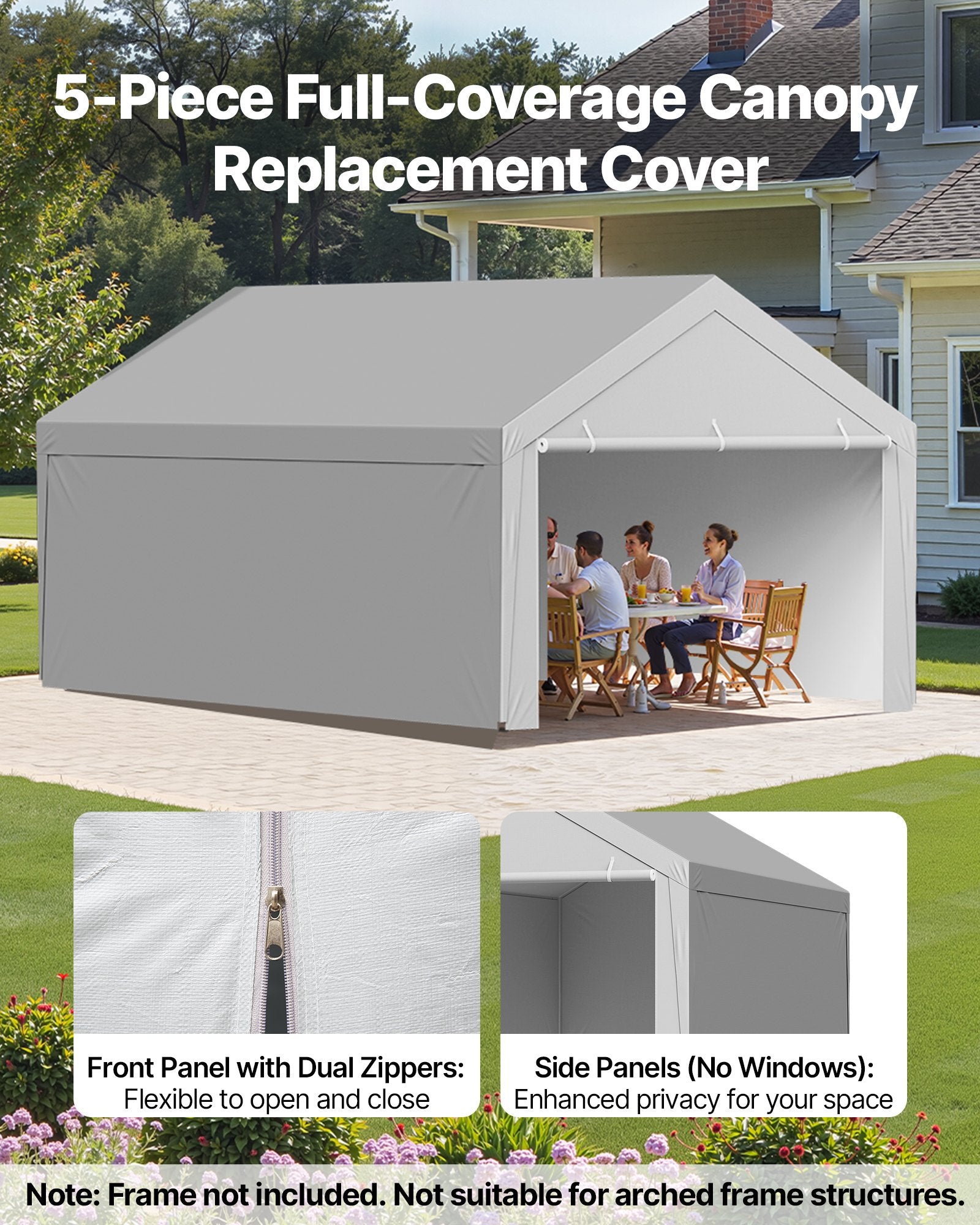 Carport Replacement Canopy, 6x 3.6 m Potable Garage Tent Top Tarp with Sidewalls, UV-Resistant & Waterproof, Heavy Duty Car Shelter Tarp with Ball Buggees, Grey, Frame Not Included