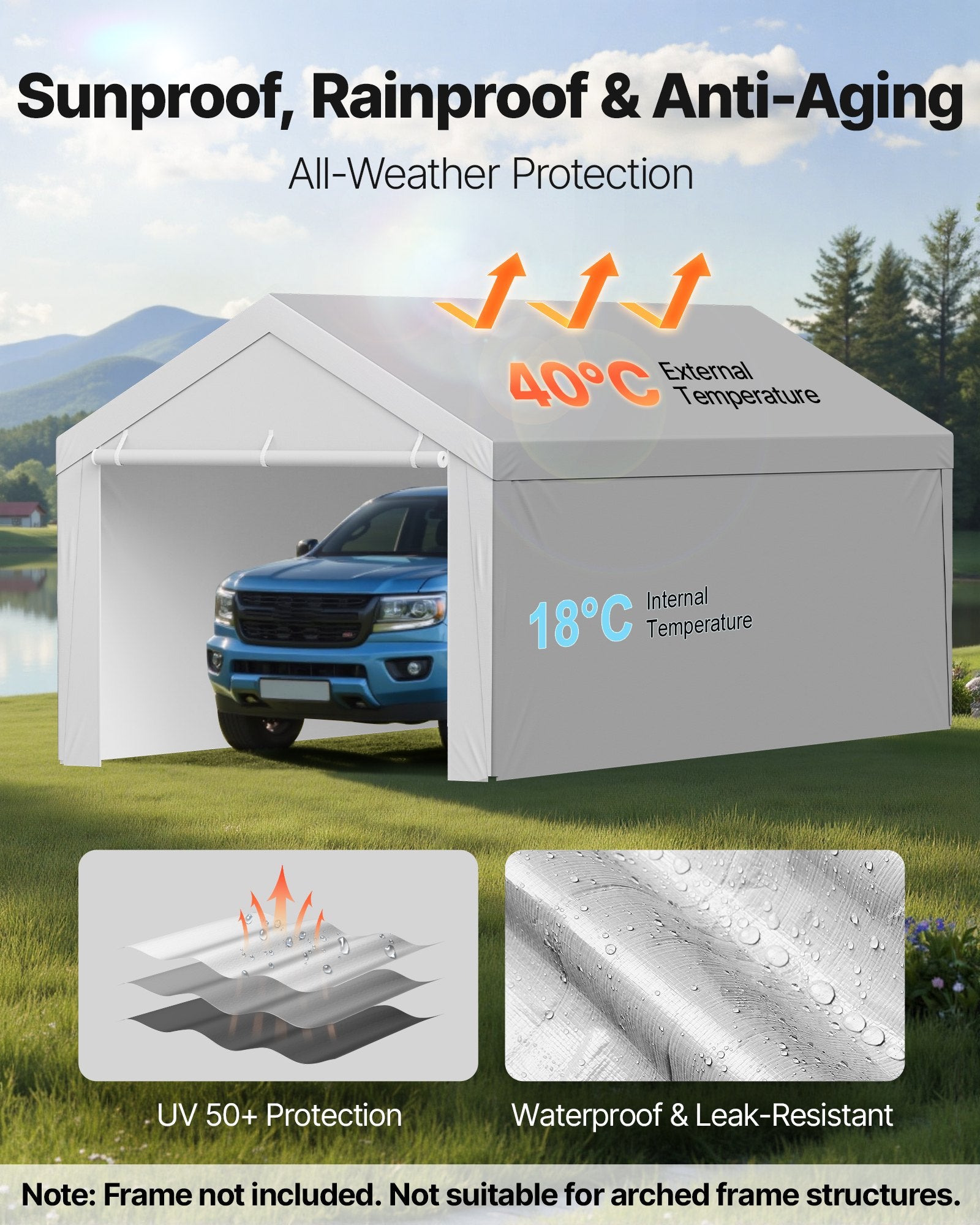 Carport Replacement Canopy, 6x 3.6 m Potable Garage Tent Top Tarp with Sidewalls, UV-Resistant & Waterproof, Heavy Duty Car Shelter Tarp with Ball Buggees, Grey, Frame Not Included
