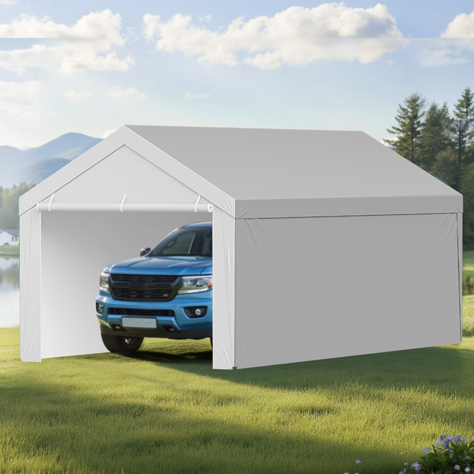 Carport Replacement Canopy, 6x 3.6 m Potable Garage Tent Top Tarp with Sidewalls, UV-Resistant & Waterproof, Heavy Duty Car Shelter Tarp with Ball Buggees, Grey, Frame Not Included