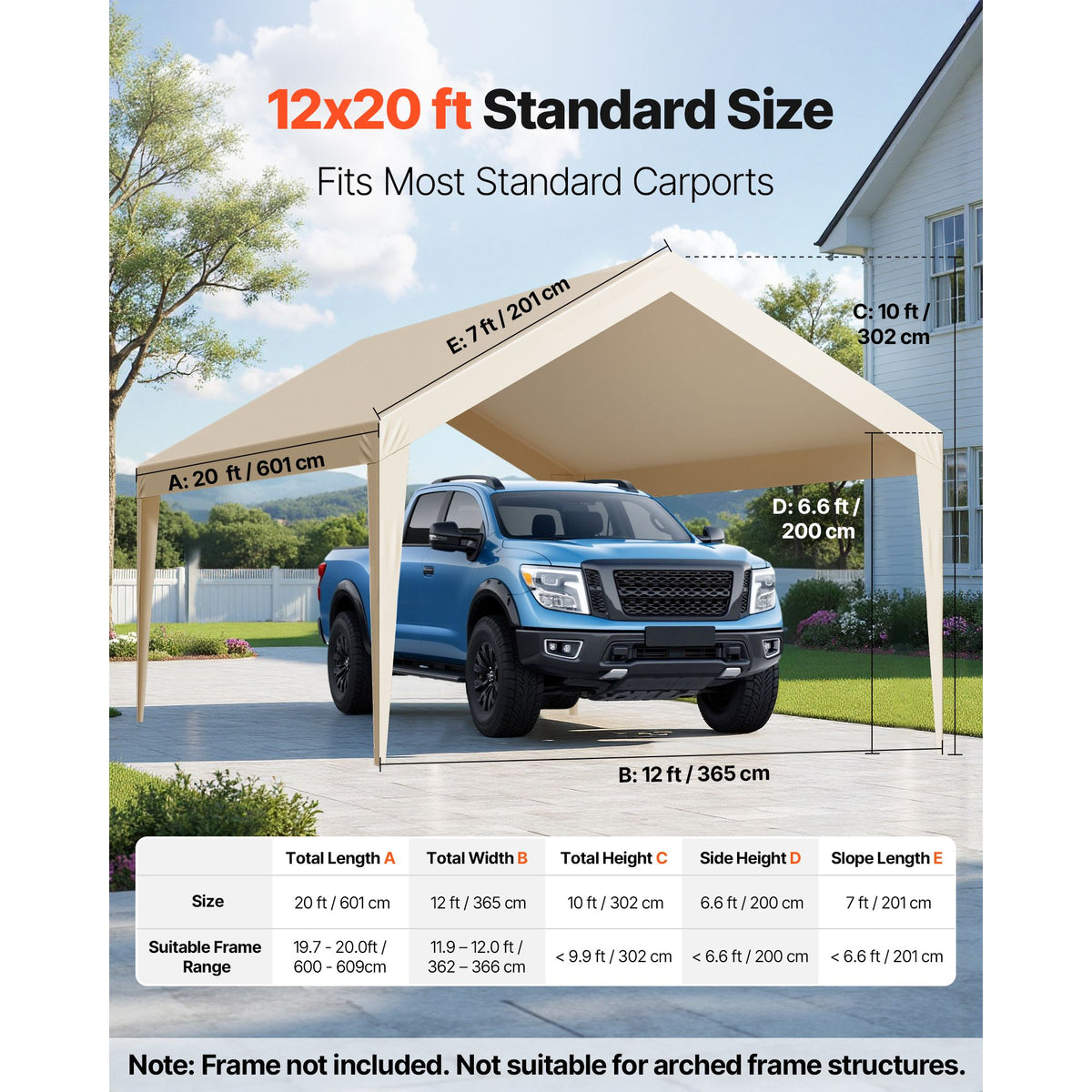 6x3.6m Carport Replacement Canopy Cover UV Waterproof Garage Tarp Beige