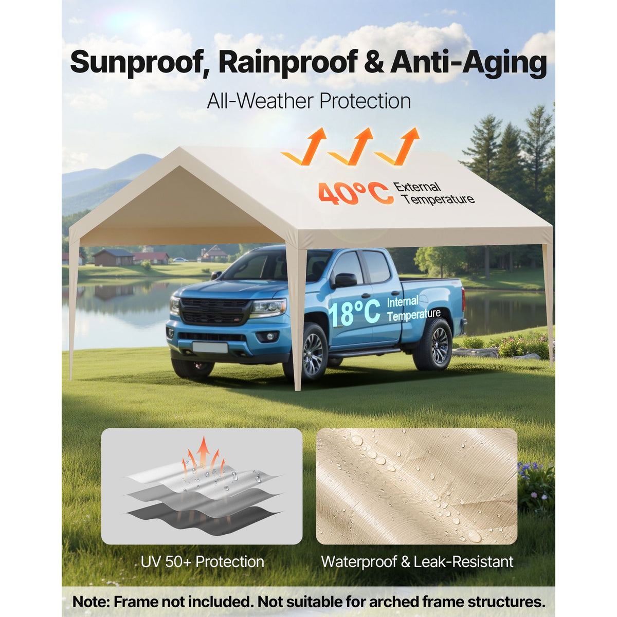 6x3.6m Carport Replacement Canopy Cover UV Waterproof Garage Tarp Beige