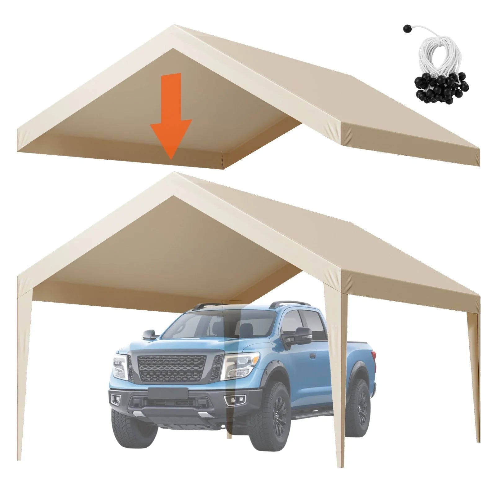 Carport Replacement Canopy, 6 x 3.6 m Potable Garage Tent Top Tarp, UV-Resistant & Waterproof Car Shelter Tarp, Heavy Duty Car Port Cover with Ball Buggees, Beige, Frame Not Included