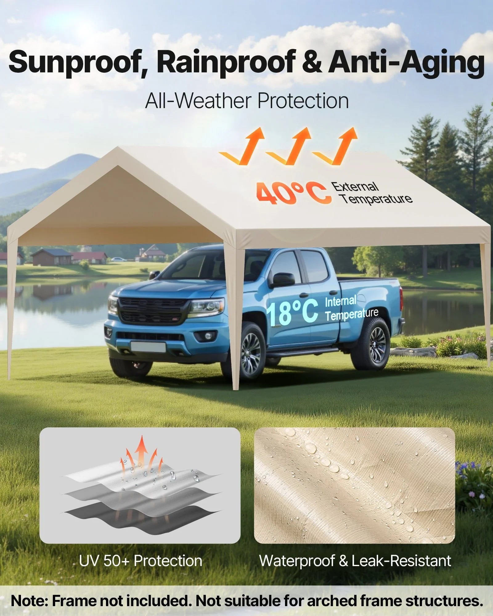 Carport Replacement Canopy, 6 x 3.6 m Potable Garage Tent Top Tarp, UV-Resistant & Waterproof Car Shelter Tarp, Heavy Duty Car Port Cover with Ball Buggees, Beige, Frame Not Included