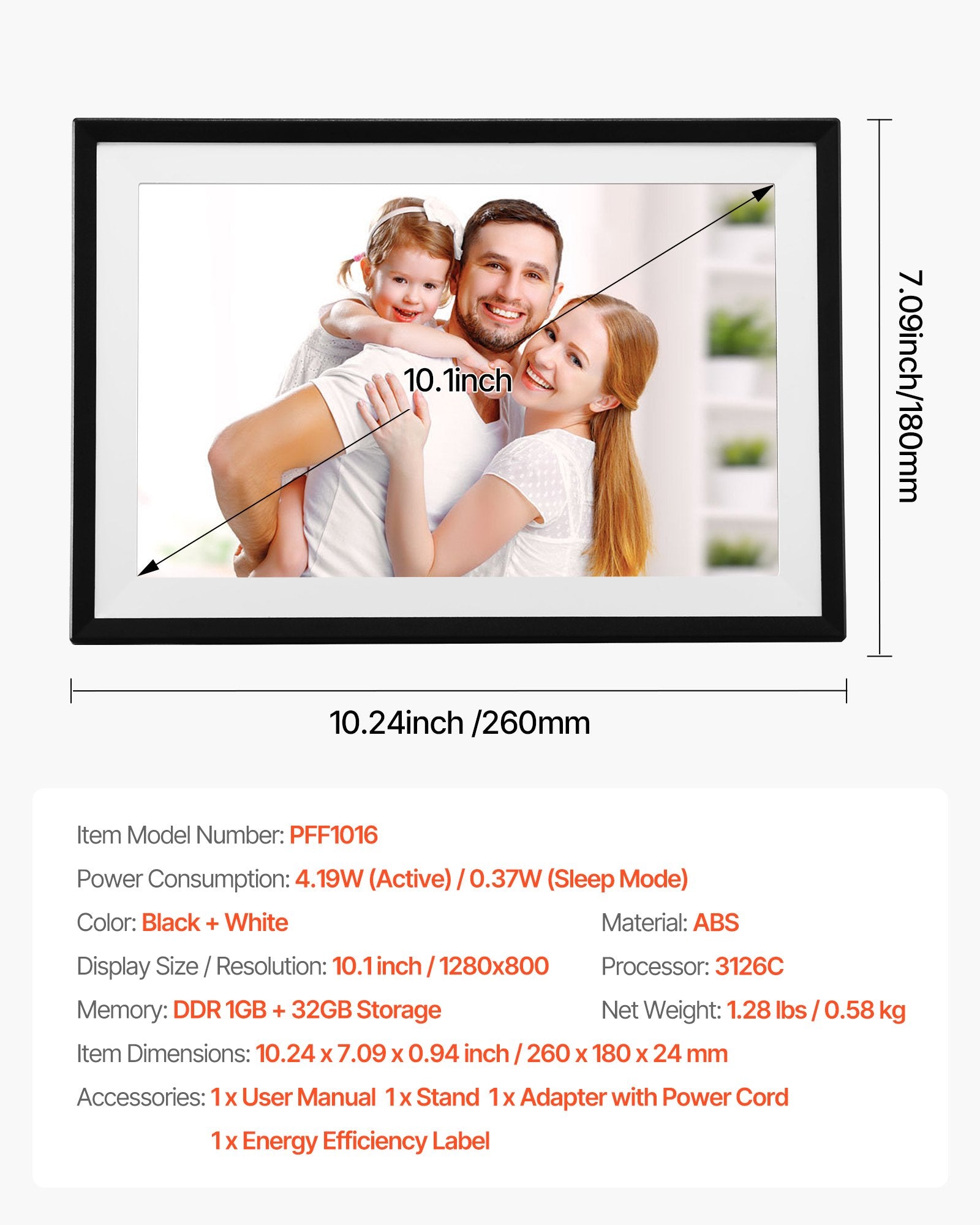 VEVOR 260 mm Digital Picture Frame 32GB IPS Touchscreen Wi-Fi Photo Frame