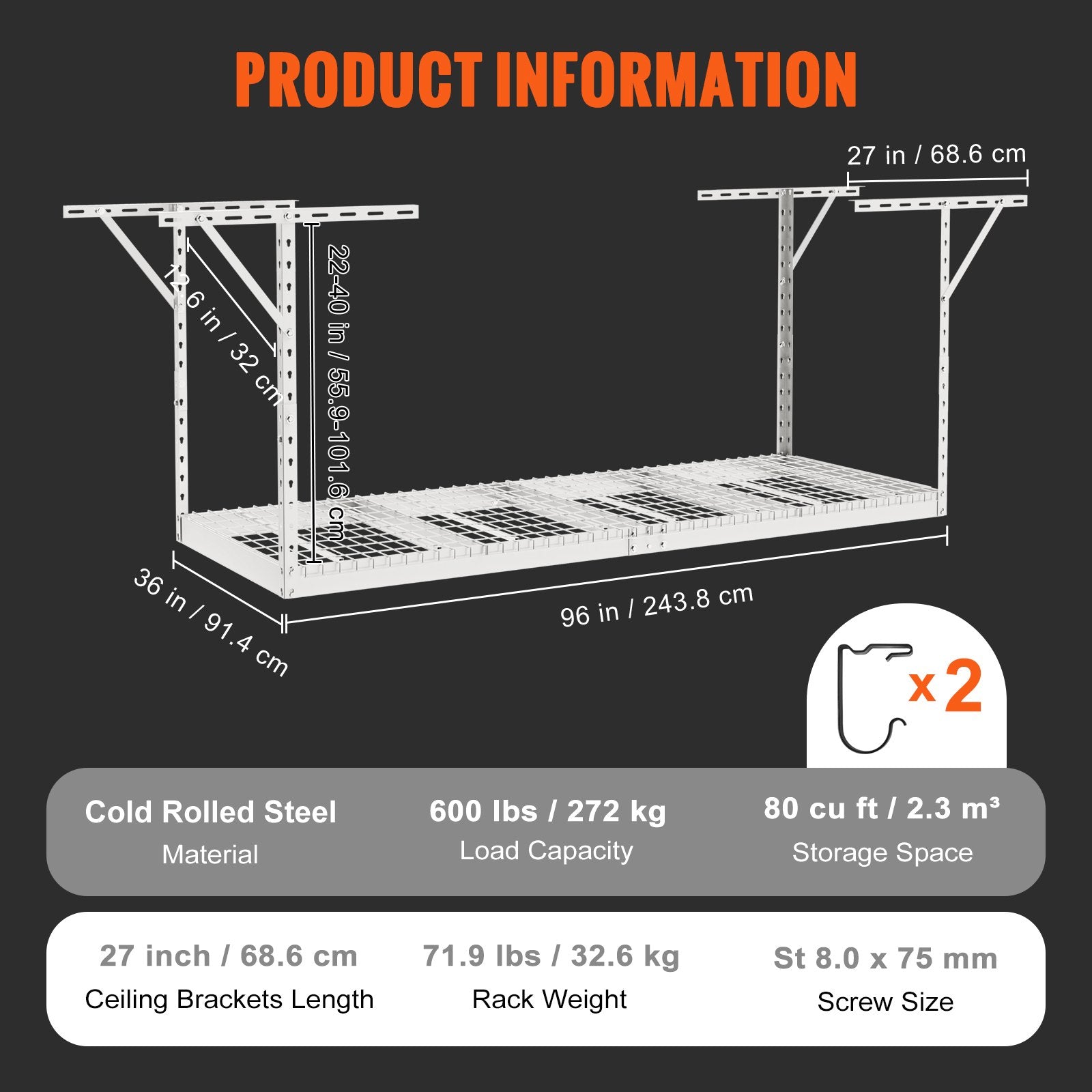 Overhead Garage Storage Rack, 91.44x243.84cm Garage Ceiling Storage Racks, Heavy Duty Adjustable Cold Rolled Steel Racks for Garage Storage, Organization, 272.16kg Load Capacity, 22''-40
