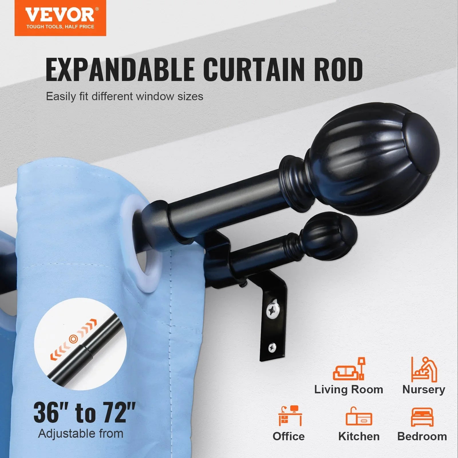 Double Rod Curtain Rods, 36-72 inches(3-6ft) Adjustable Length, Black Double Curtain Rods with Round Finials, 1