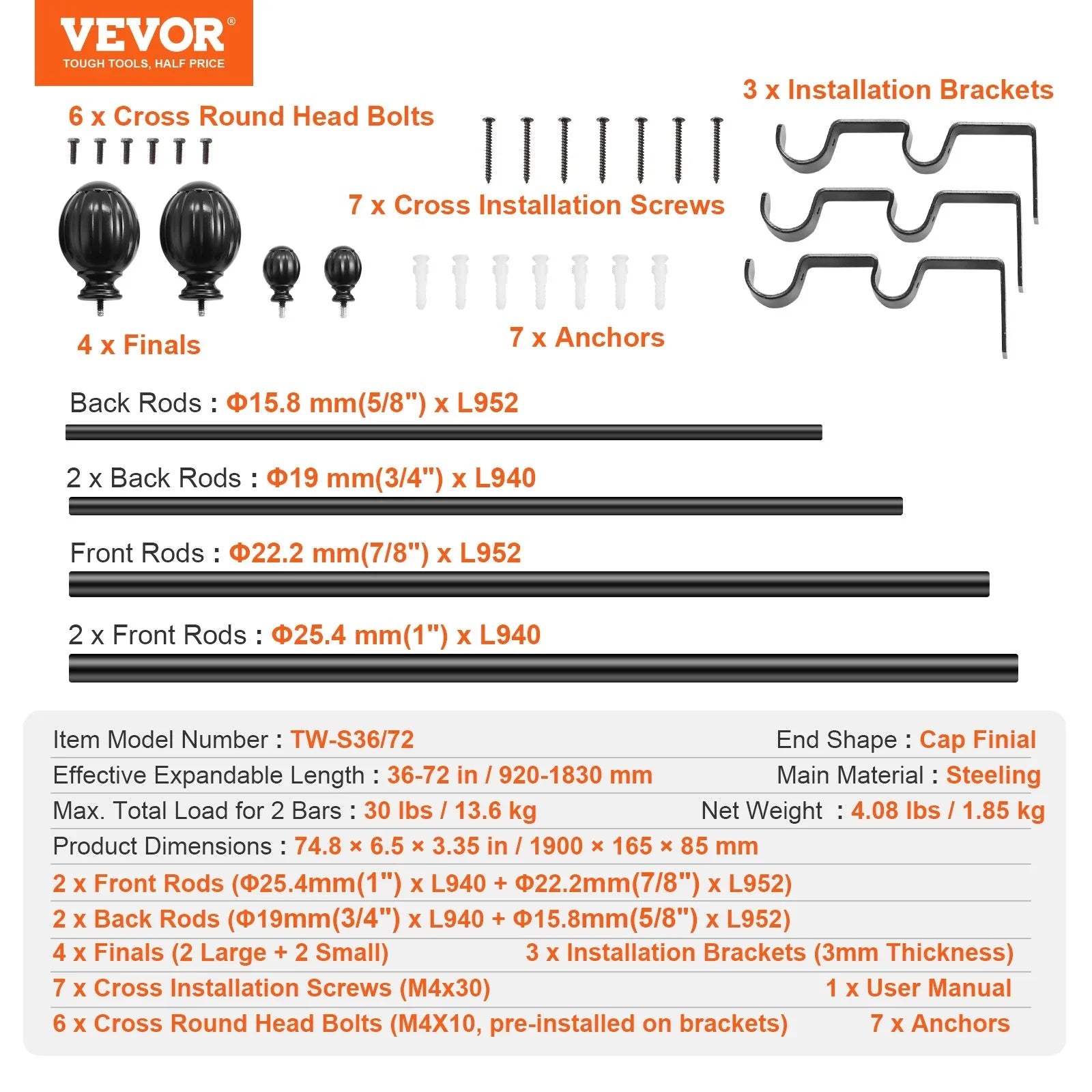 Double Rod Curtain Rods, 36-72 inches(3-6ft) Adjustable Length, Black Double Curtain Rods with Round Finials, 1