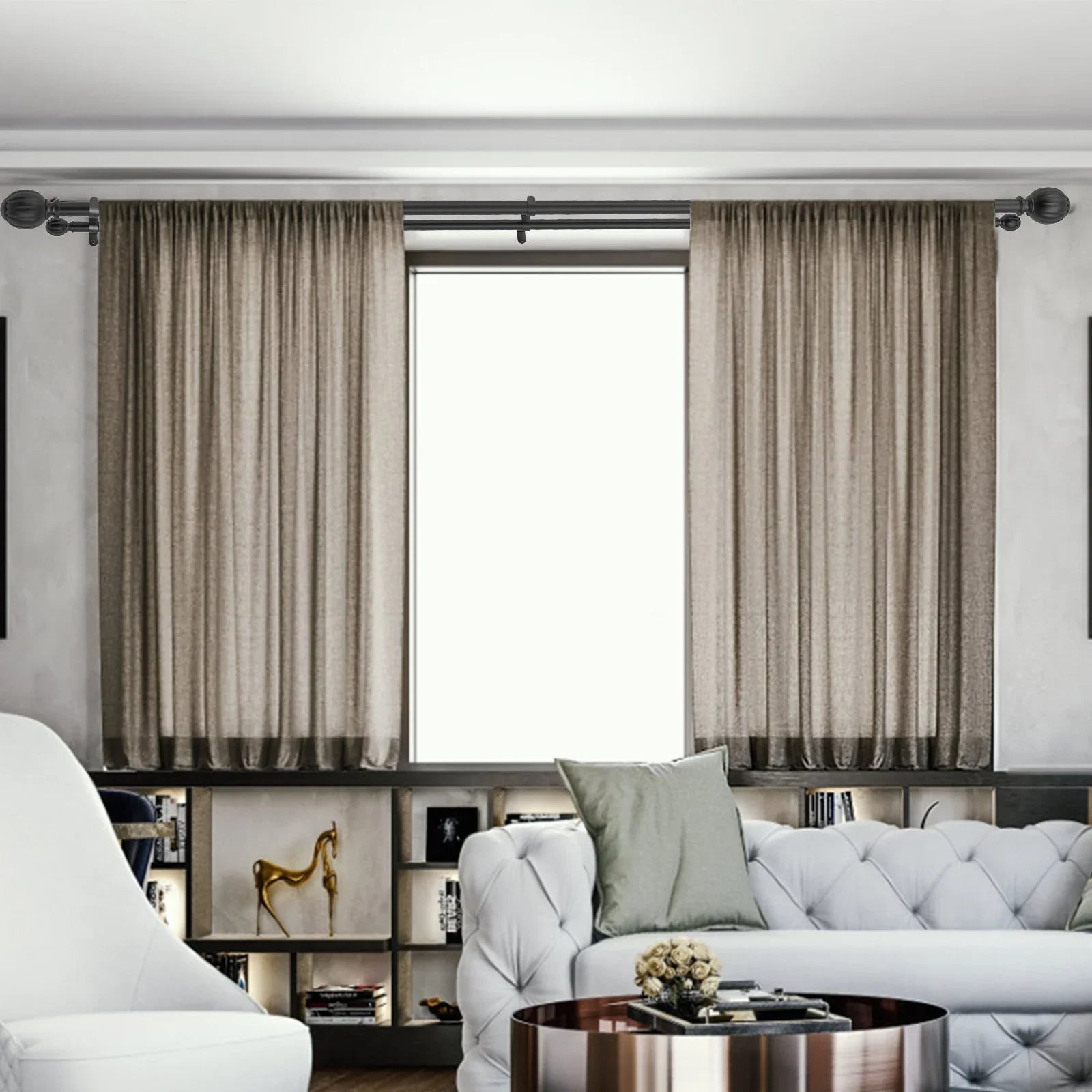 Double Rod Curtain Rods, 36-72 inches(3-6ft) Adjustable Length, Black Double Curtain Rods with Round Finials, 1
