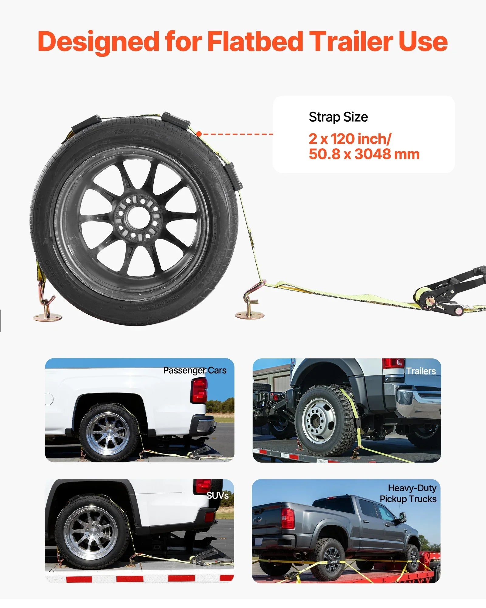 Wheel Chock Tie-Down Kit, Deck-Style Trailer Tie Down Strap, Car Tie Down Kit with J-Hook, Break Strength 4540 kg & Working Load 1512 kg Motorcycle Tie-Down System for SUVs, Trailers, Trucks