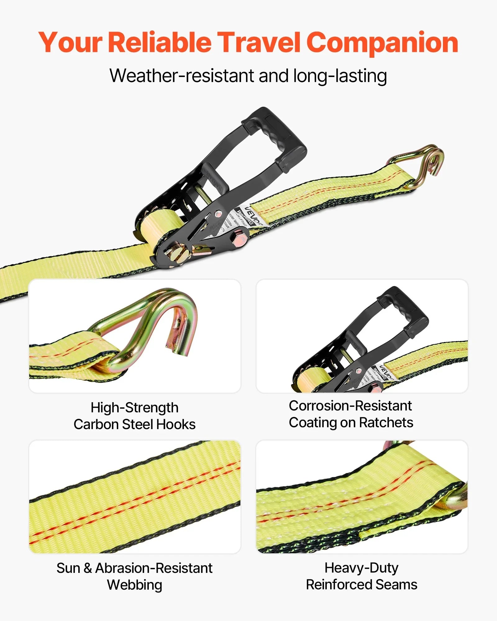 Wheel Chock Tie-Down Kit, Deck-Style Trailer Tie Down Strap, Car Tie Down Kit with J-Hook, Break Strength 4540 kg & Working Load 1512 kg Motorcycle Tie-Down System for SUVs, Trailers, Trucks