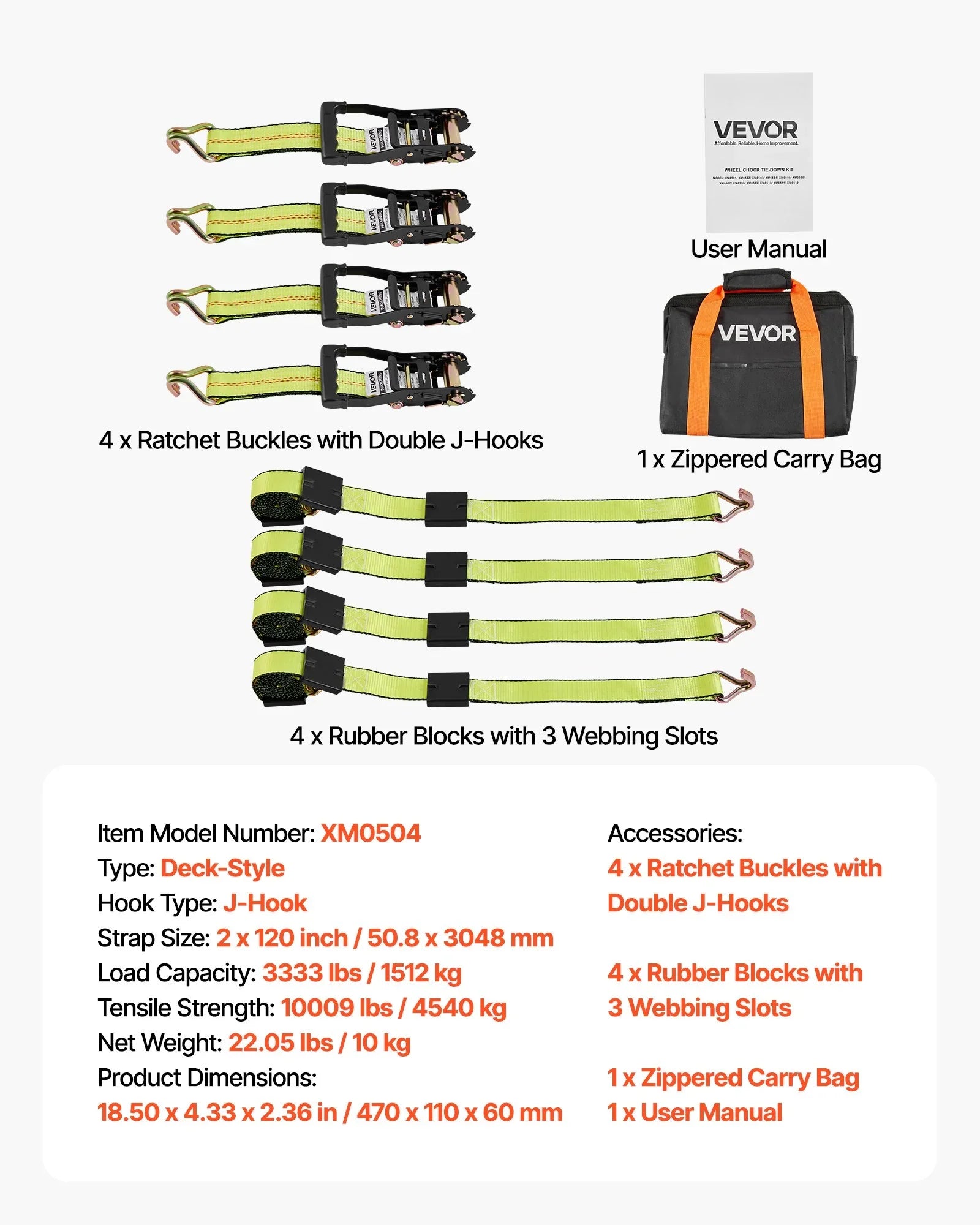 Wheel Chock Tie-Down Kit, Deck-Style Trailer Tie Down Strap, Car Tie Down Kit with J-Hook, Break Strength 4540 kg & Working Load 1512 kg Motorcycle Tie-Down System for SUVs, Trailers, Trucks