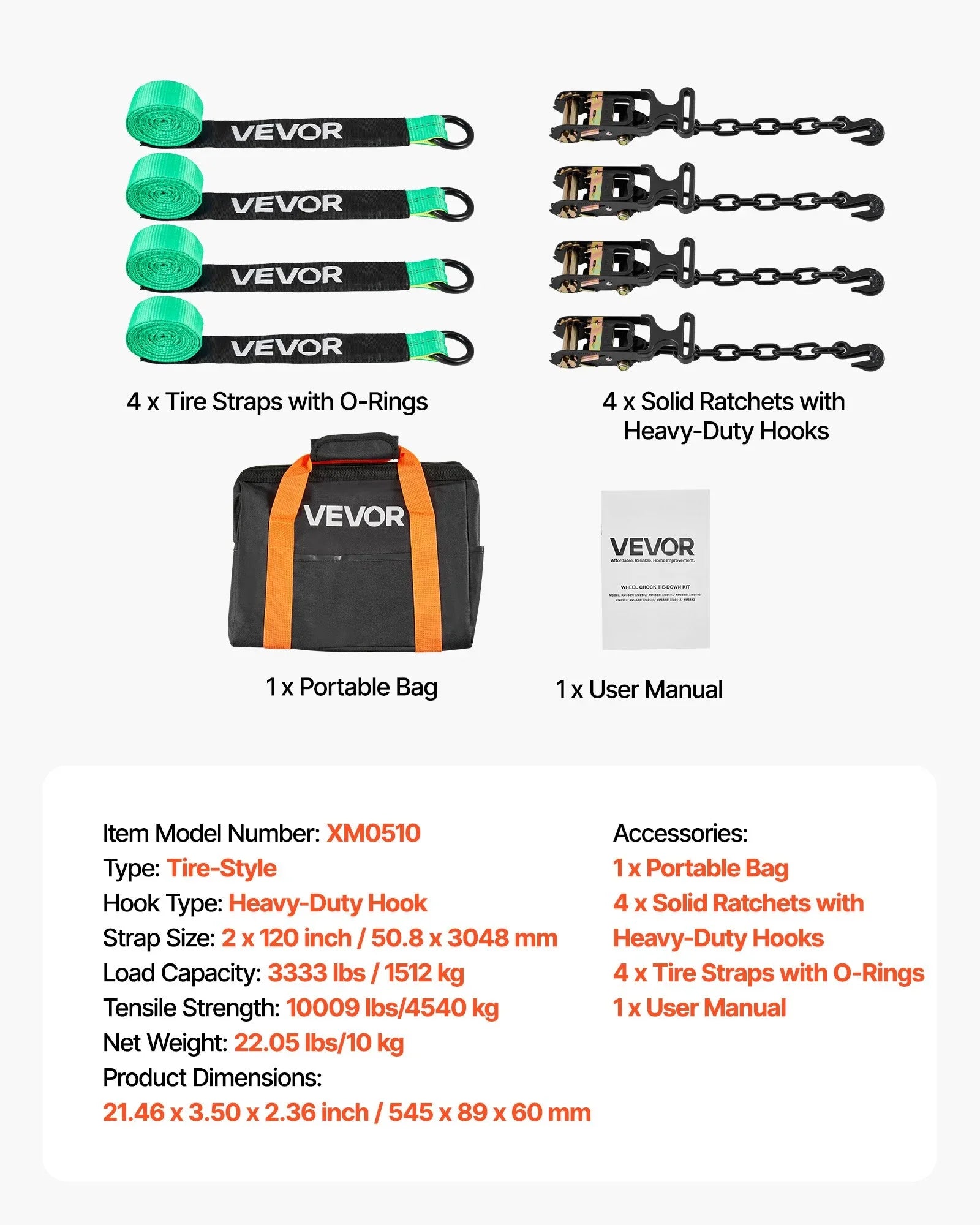 Wheel Chock Tie-Down Kit, Tire-Style Tow Dolly Strap, Car Tie Down Kit with Heavy-Duty Hook, Break Strength 4540 kg & Working Load 1512 kg Motorcycle Tie-Down System with O-Ring for ATV, SUV