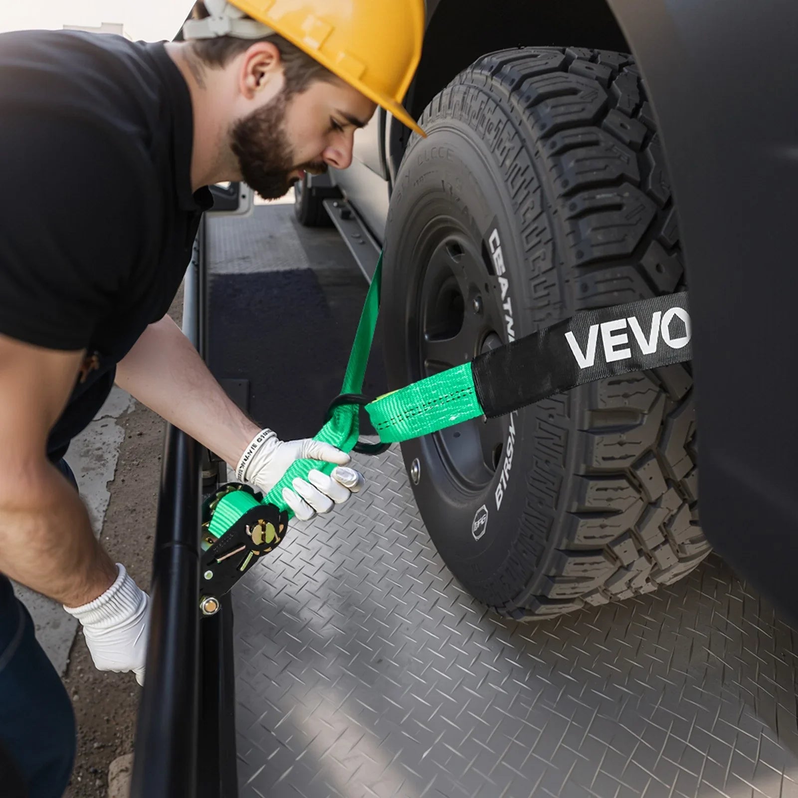 Wheel Chock Tie-Down Kit, Tire-Style Tow Dolly Strap, Car Tie Down Kit with Heavy-Duty Hook, Break Strength 4540 kg & Working Load 1512 kg Motorcycle Tie-Down System with O-Ring for ATV, SUV