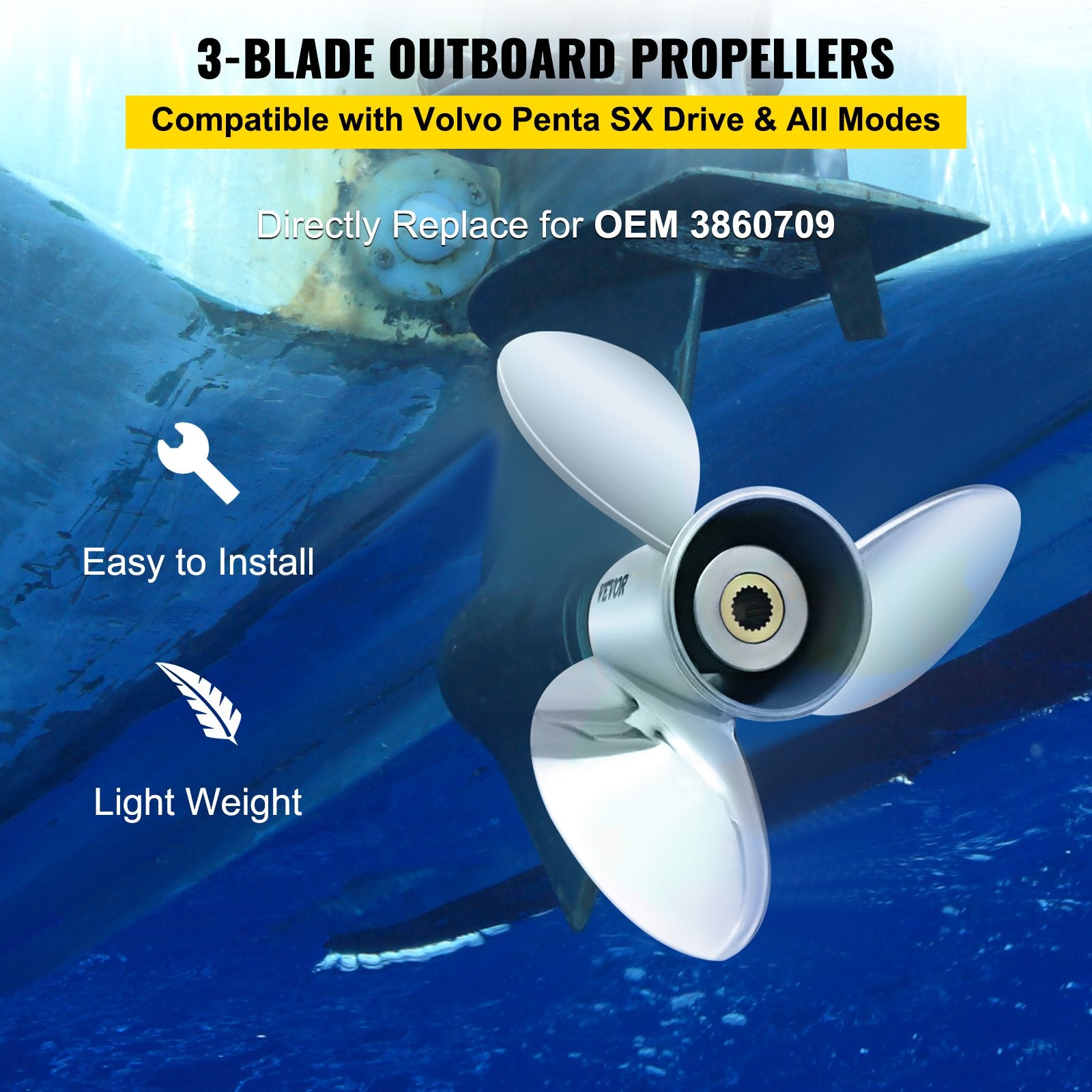 Outboard Propeller, Replace for OEM 3860709, 3-Blade 14.5\
