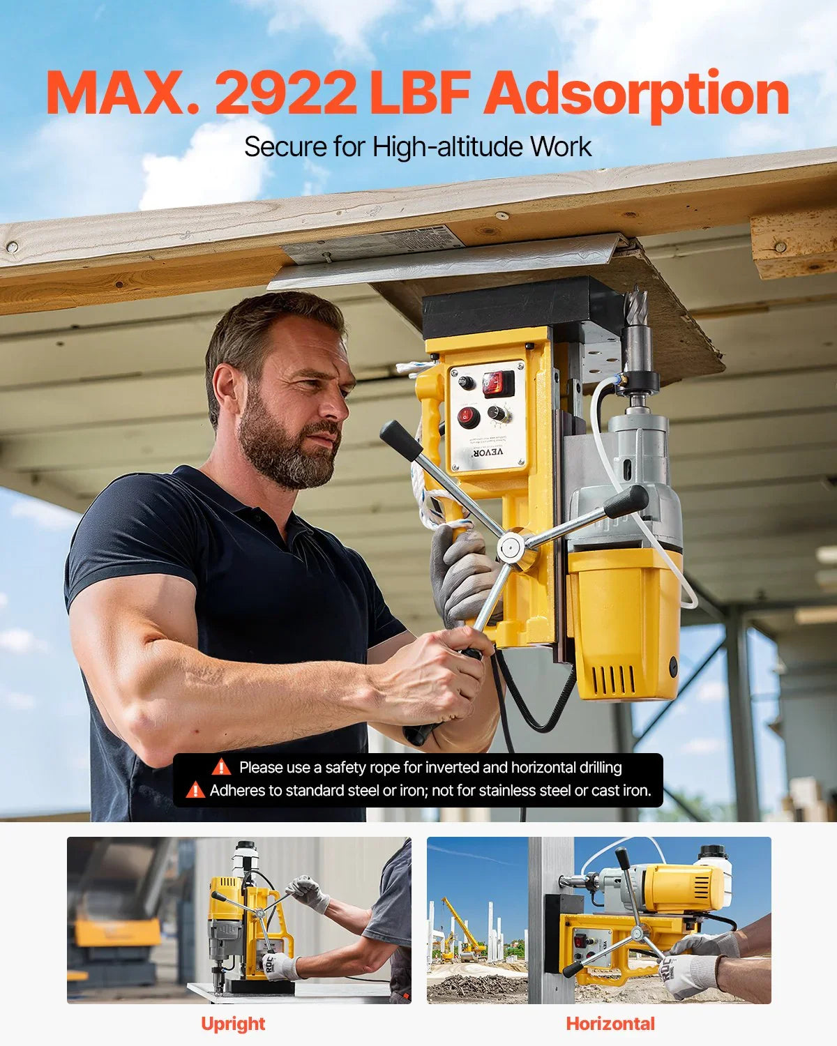 Magnetic Drill, 1400W Motor 2 in Boring Diameter, 2922 lbf Portable Electric Mag Drill Press, 0-750 RPM Variable Speed, Drilling Machine for Metal Surface, Industrial and Home Improvement