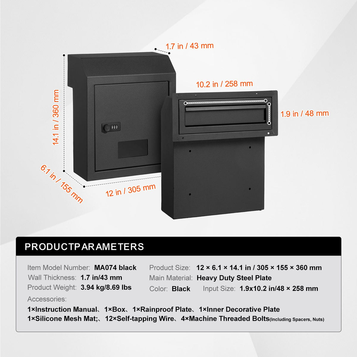 Through The Door Key Drop Box, Heavy Duty Steel Through the Door Mailbox with 12