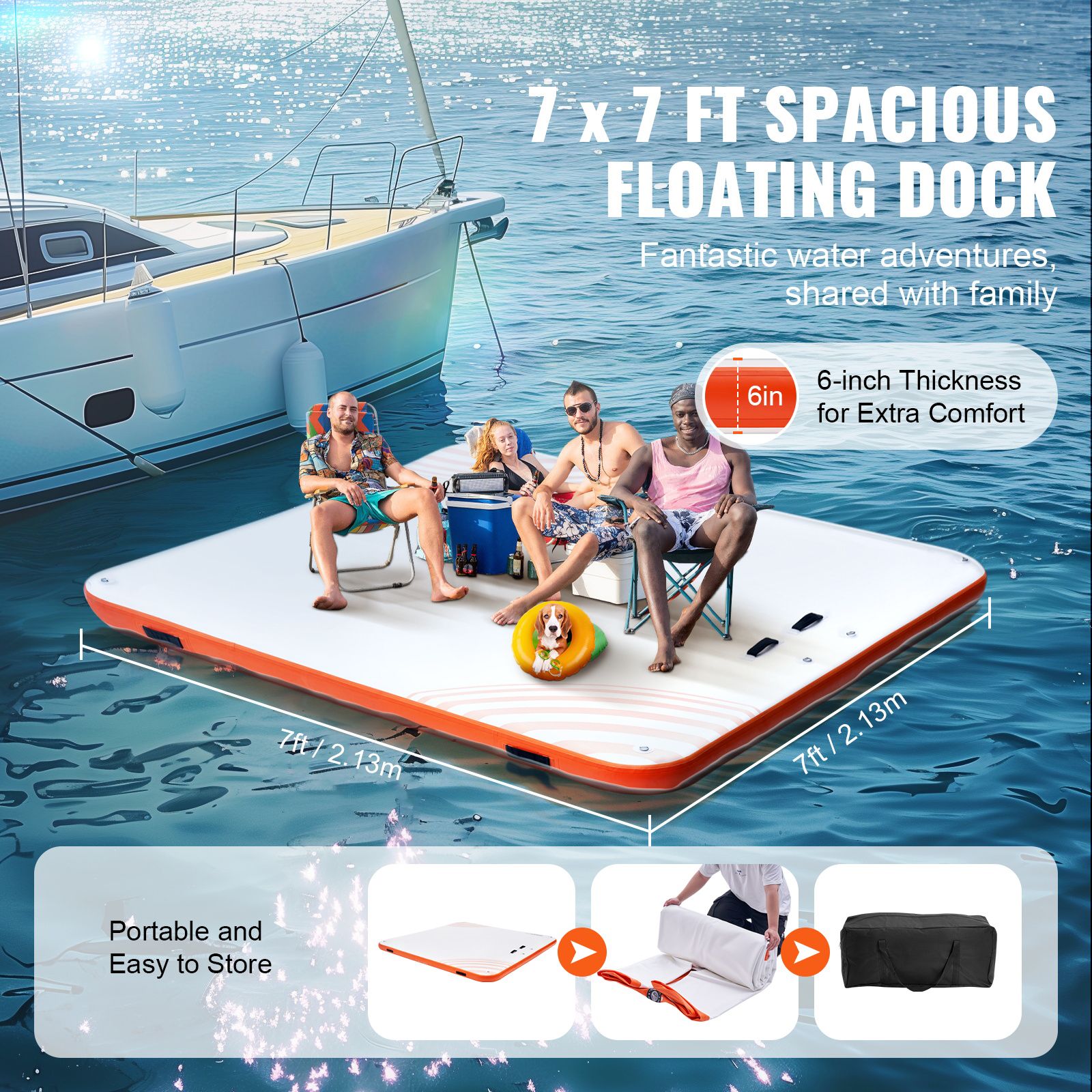 7x7FT Inflatable Floating Dock Platform Non-Slip Water Mat with Ladder