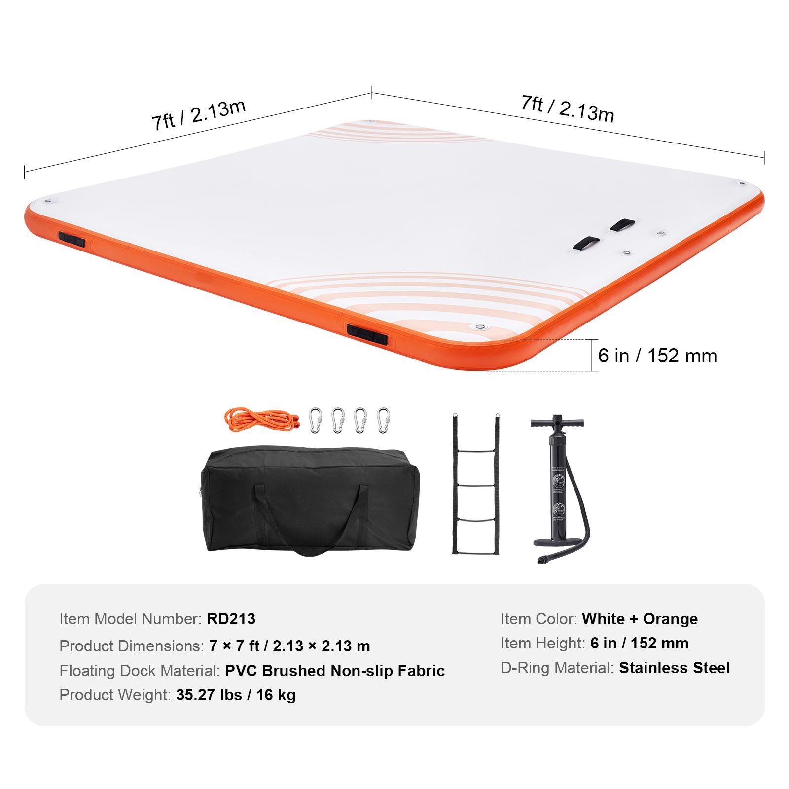 7x7FT Inflatable Floating Dock Platform Non-Slip Water Mat with Ladder