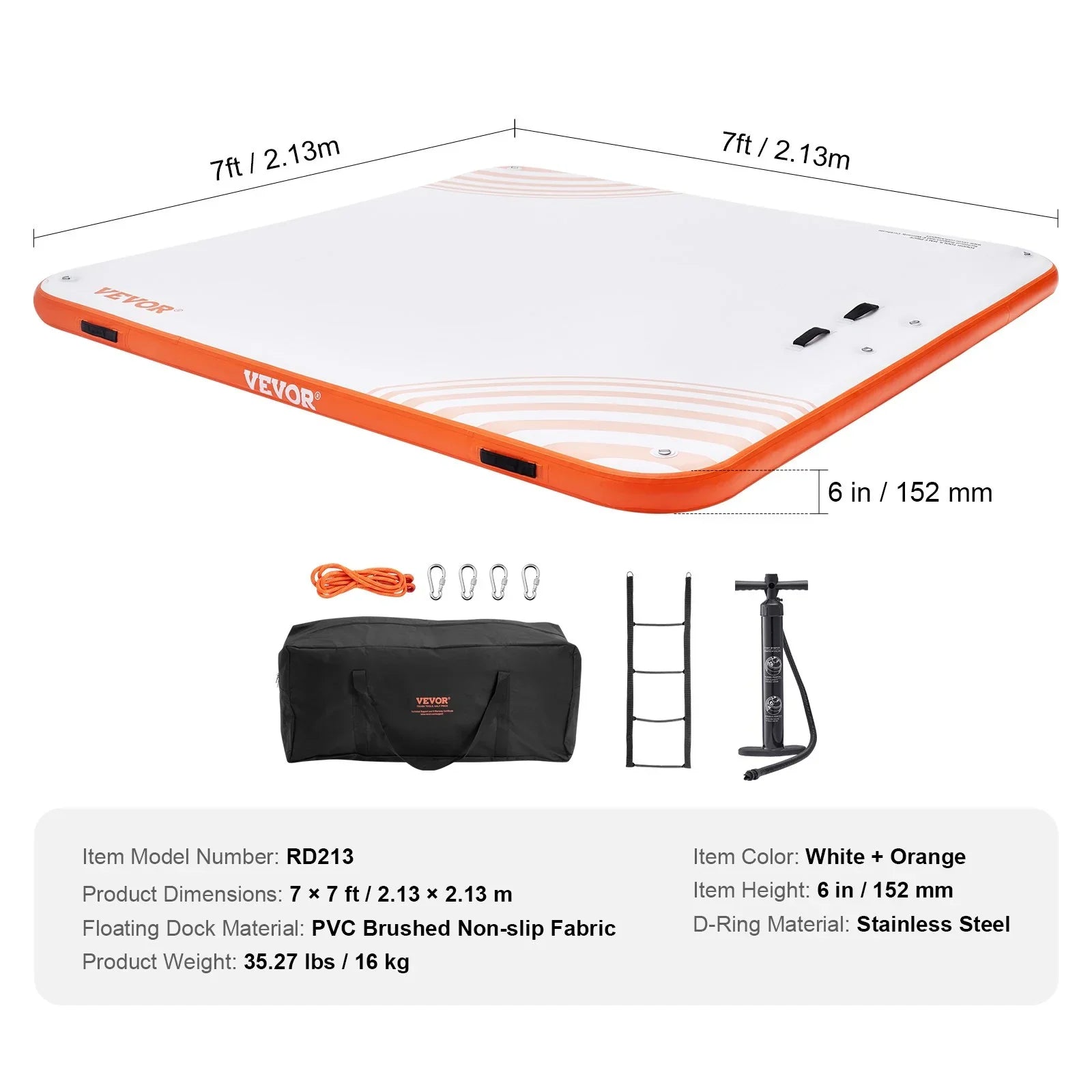 Inflatable Floating Dock, 7 x 7FT Inflatable Dock Platform, Non-Slip Water Floating Dock Mat with Portable Carrying Bag & Detachable Ladder, Floating Platform Island Raft for Pool Beach Ocean