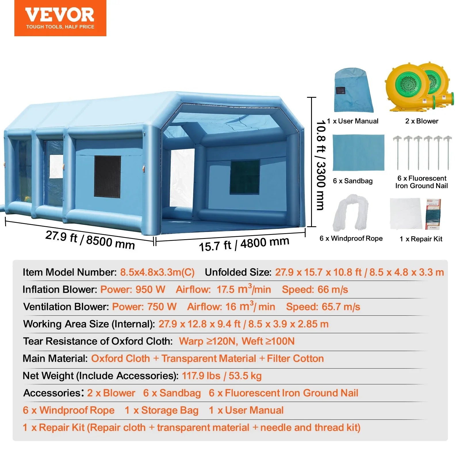 Inflatable Paint Booth 27.9x15.7x10.8ft Inflatable Spray Booth 950W+750W