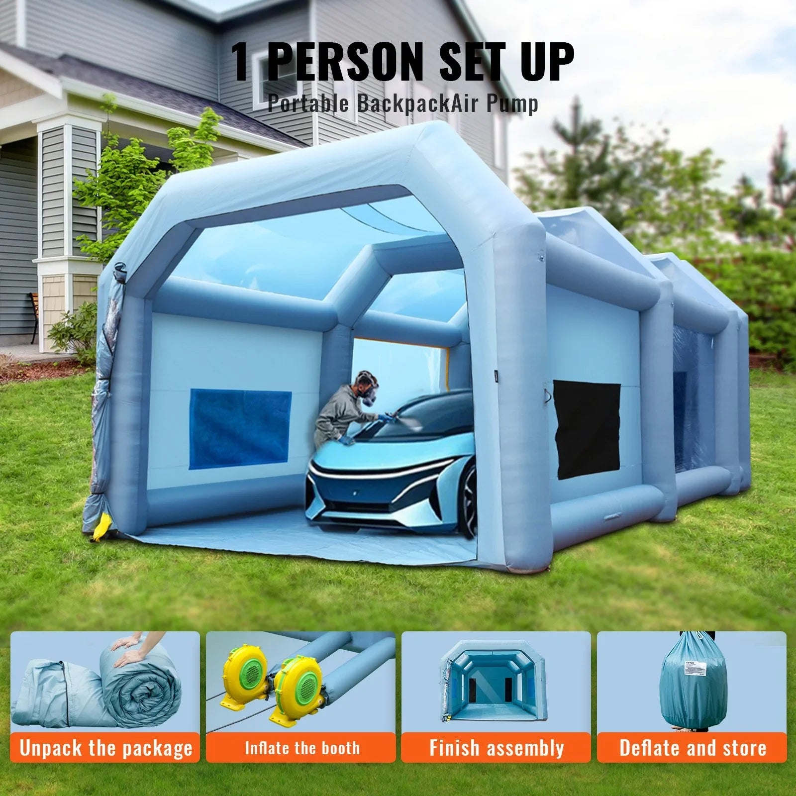Inflatable Paint Booth, 10x6x4m Inflatable Spray Booth, High Powerful 950W+1100W Blowers Spray Booth Tent, Car Paint Tent Air Filter System for Car Parking Tent Workstation Motorcycle Garage