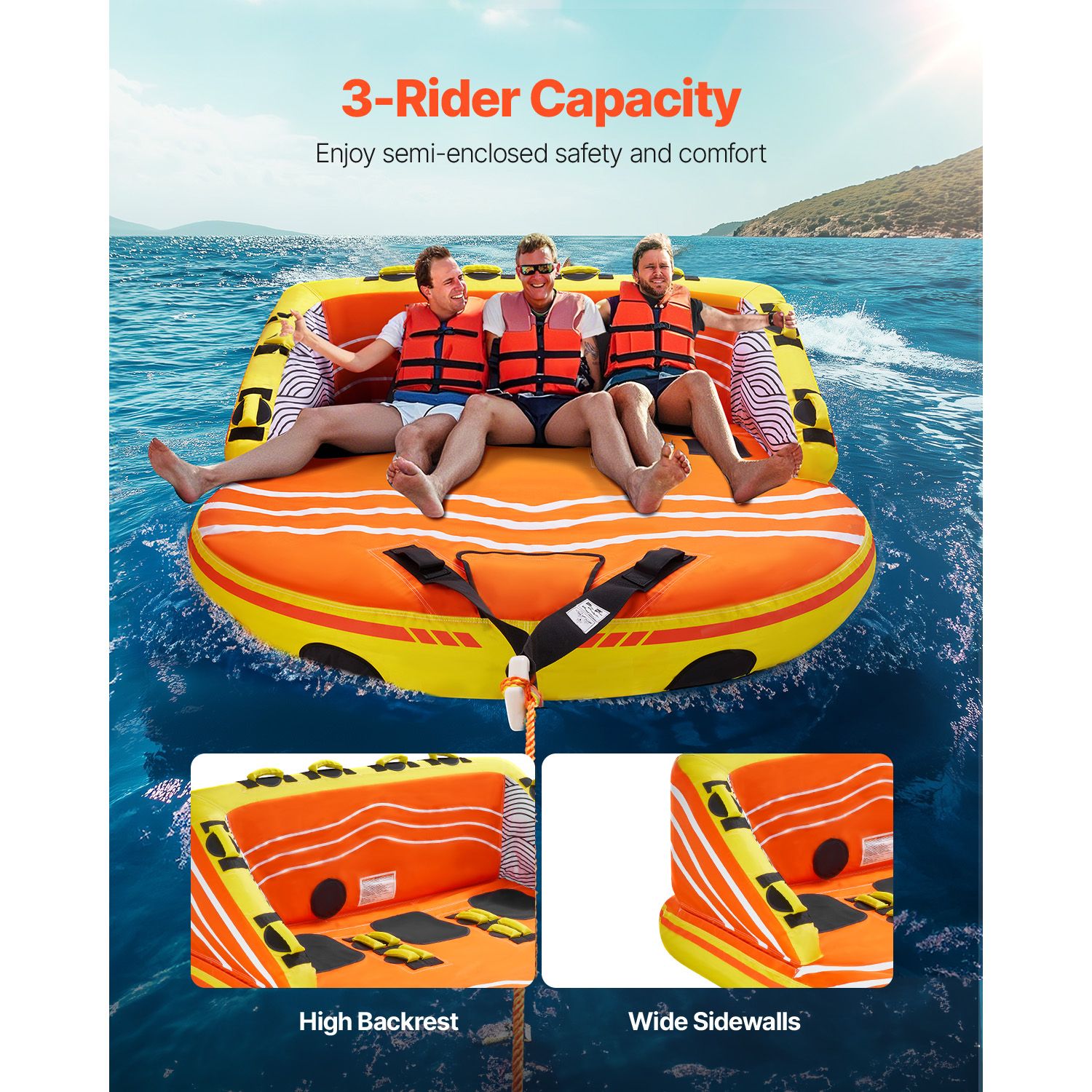 Towable Tube for Boating, 1-3 Riders Inflatable Boat Tubes and Towables, 510lbs Water Sport Towable Tube for Boat to Pull - with Full Nylon Cover, 16 Grab Handles, Dual Tow Points & Safety Valve