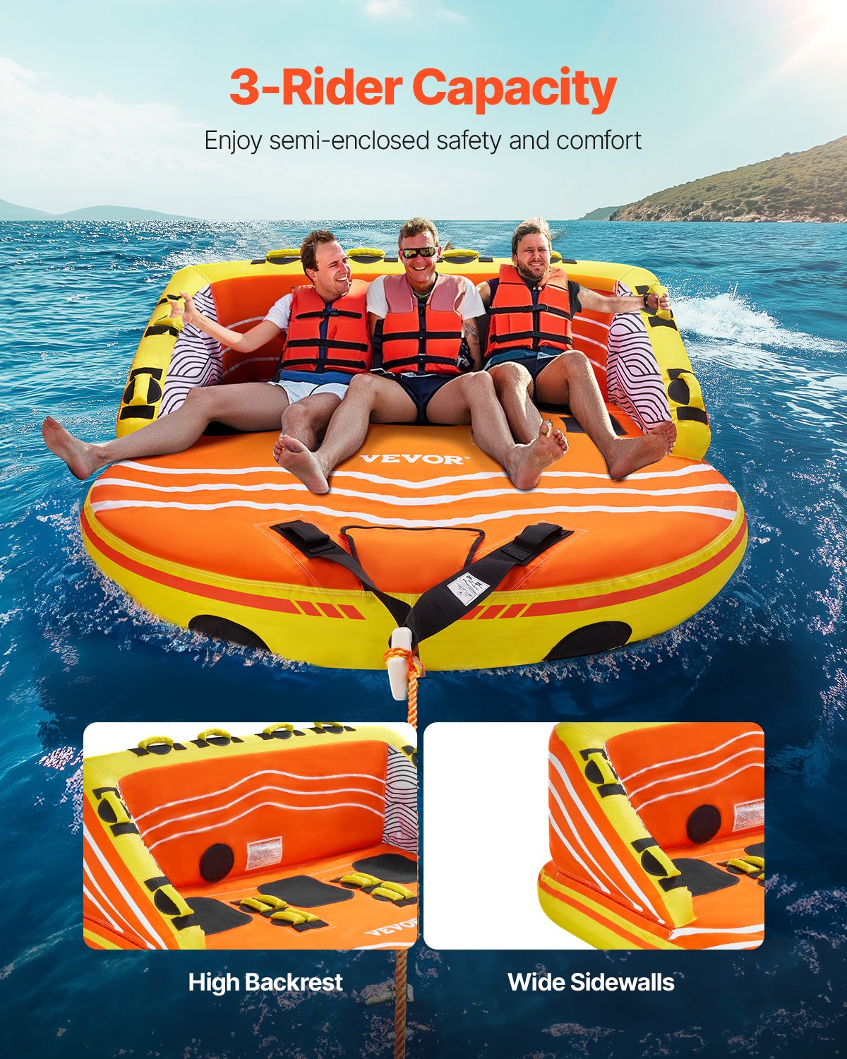 Towable Tube for Boating, 1-3 Riders Inflatable Boat Tubes and Towables, 510lbs Water Sport Towable Tube for Boat to Pull - with Full Nylon Cover, 16 Grab Handles, Dual Tow Points & Safety Valve