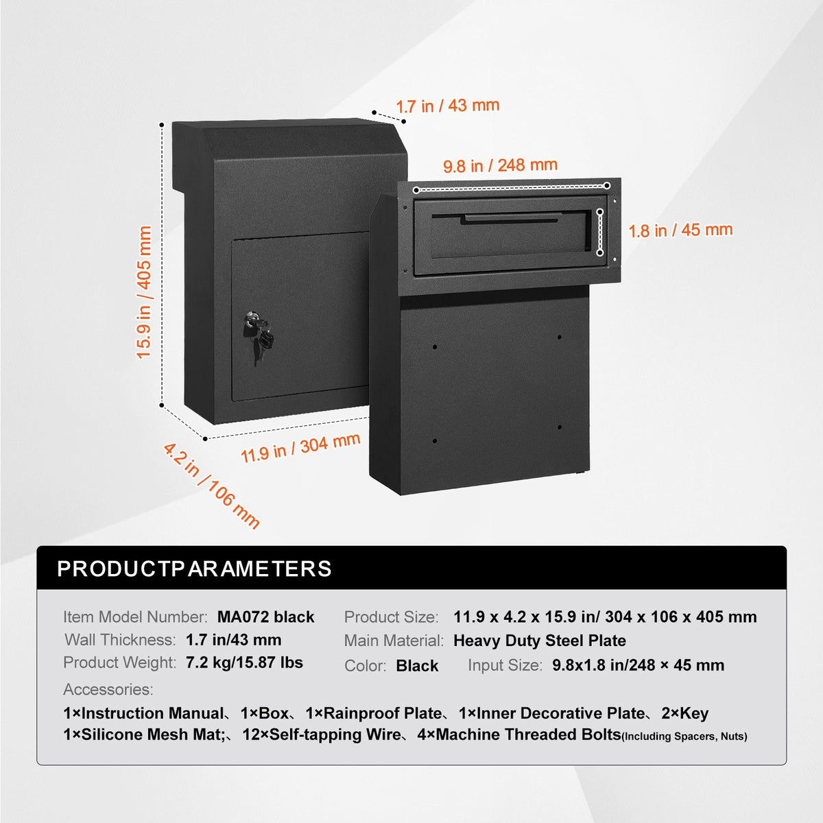 Through Door Mail Drop Box Heavy Duty Steel Key Lock Security Mailbox Black