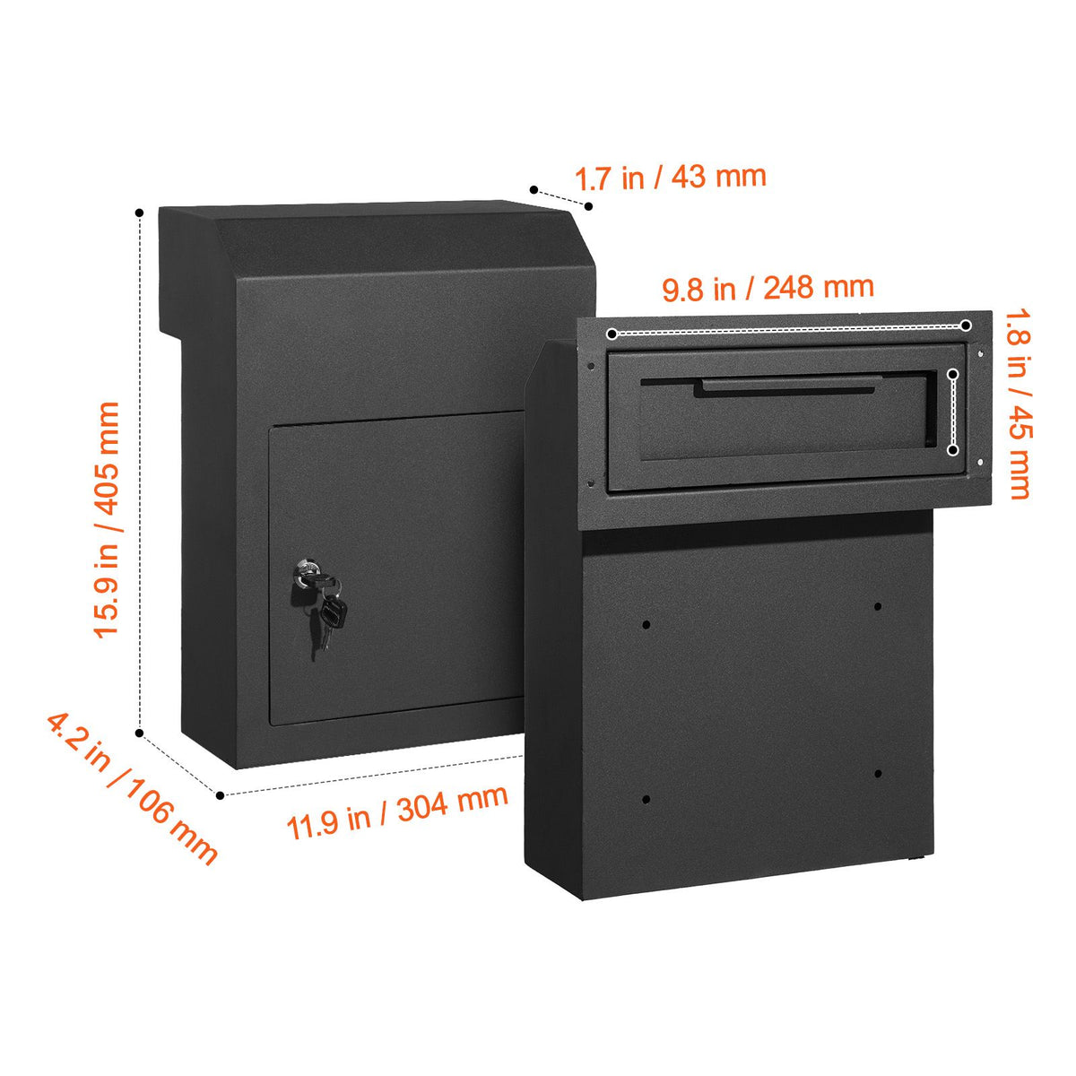 Through Door Mail Drop Box Heavy Duty Steel Key Lock Security Mailbox Black
