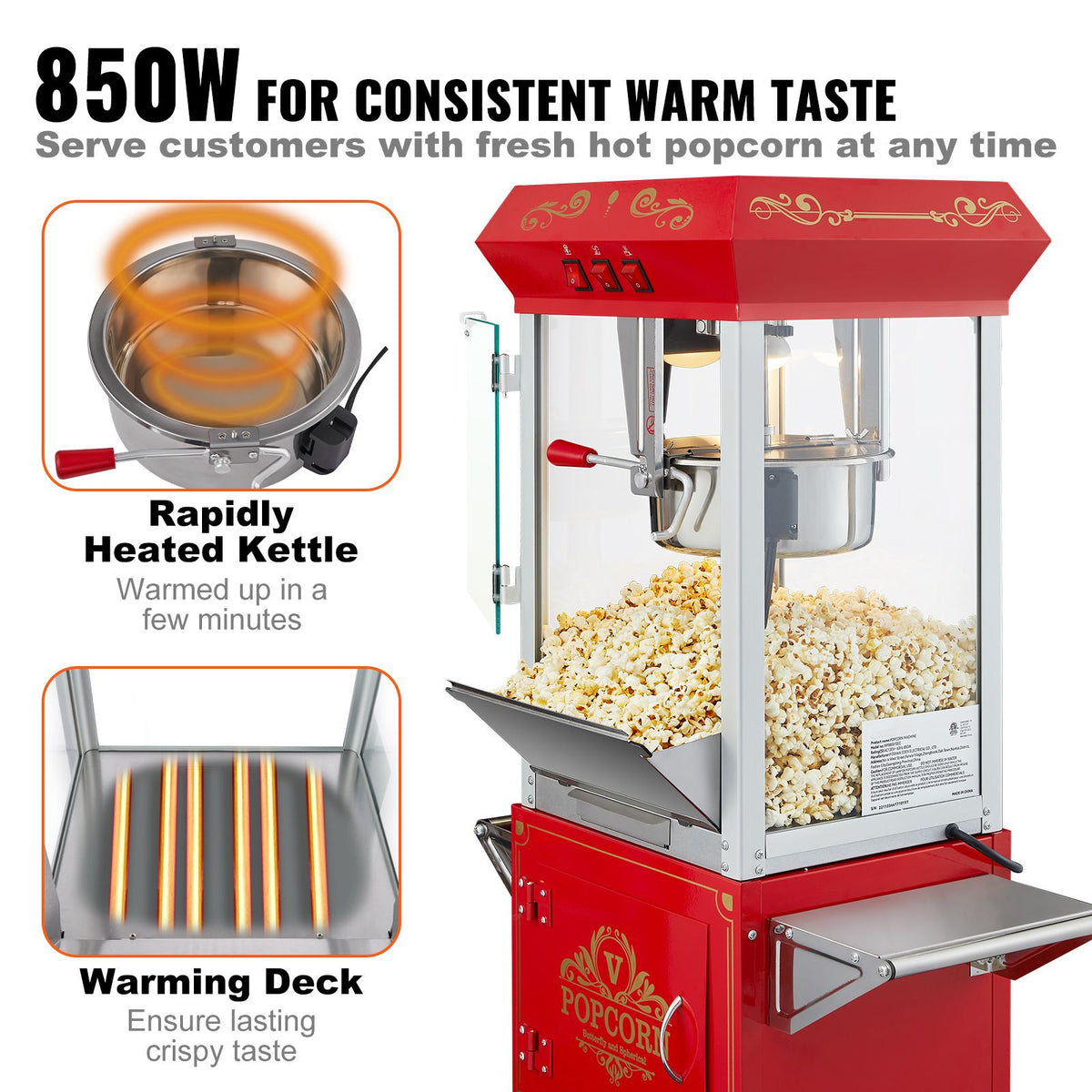 Popcorn Popper Machine with Cart Popcorn Maker 850W 8 Oz 48 Cups Red