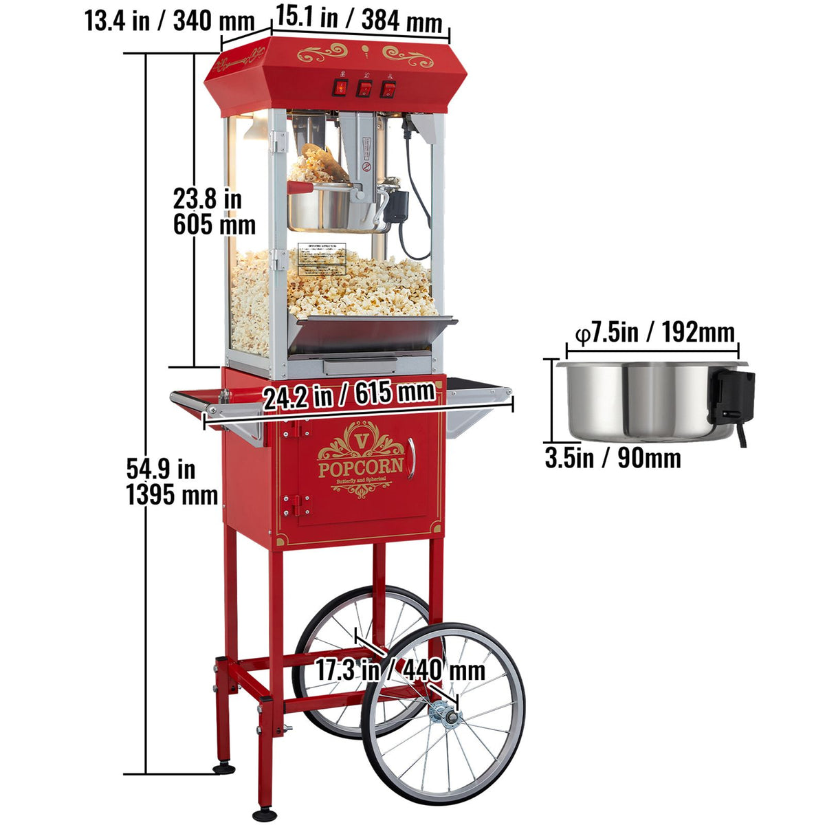 Popcorn Popper Machine with Cart Popcorn Maker 850W 8 Oz 48 Cups Red