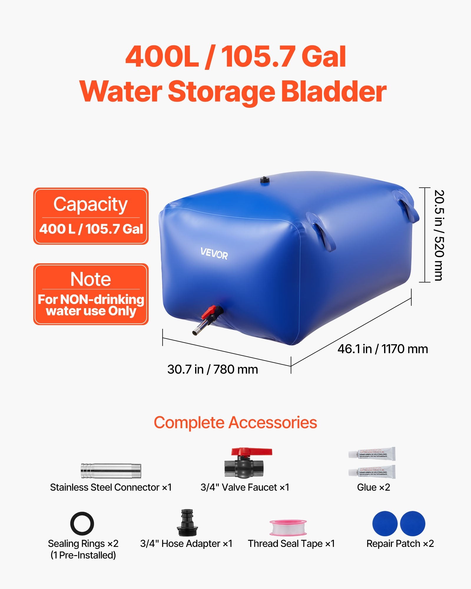 Water Storage Bladder 400L Large Capacity Water Bag, Portable & Collapsible Soft Waters Container, Leakproof & Tear-Resistant PVC Emergency Waters Storage Tank for RV Truck & Outdoor Use