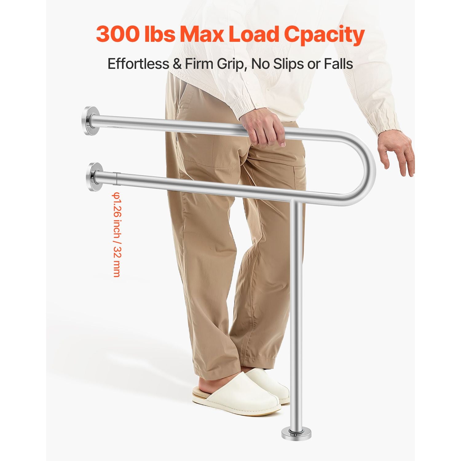 Toilet Safety Rail, 80 cm U-Shaped Handicap Grab Bar, 304 Stainless Steel Senior Safety Pole, Toilet Grab Bars with Anti-Slip Handle, 136 kg Load Capacity Security Handrail with Support Leg