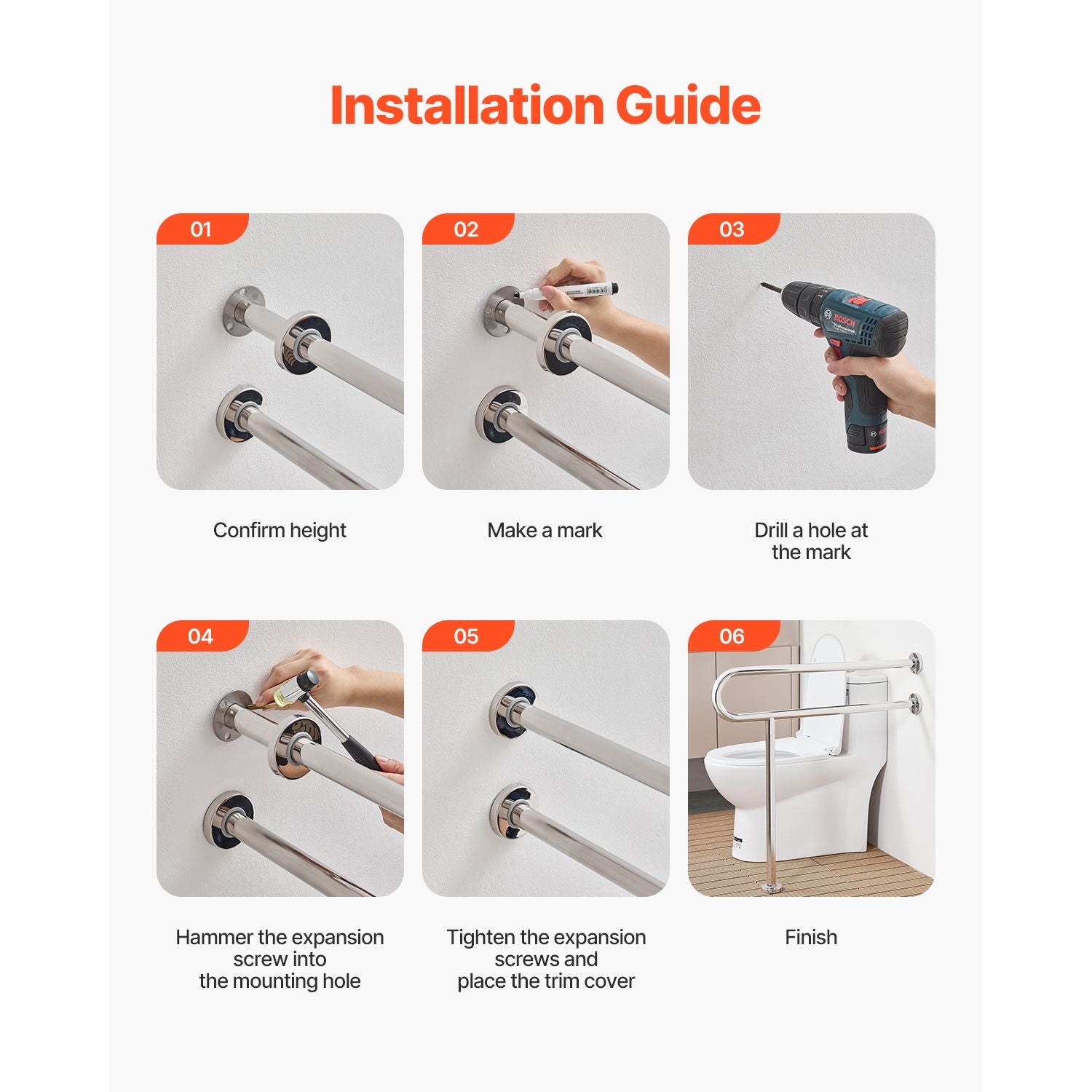 Toilet Safety Rail, 80 cm U-Shaped Handicap Grab Bar, 304 Stainless Steel Senior Safety Pole, Toilet Grab Bars with Anti-Slip Handle, 136 kg Load Capacity Security Handrail with Support Leg