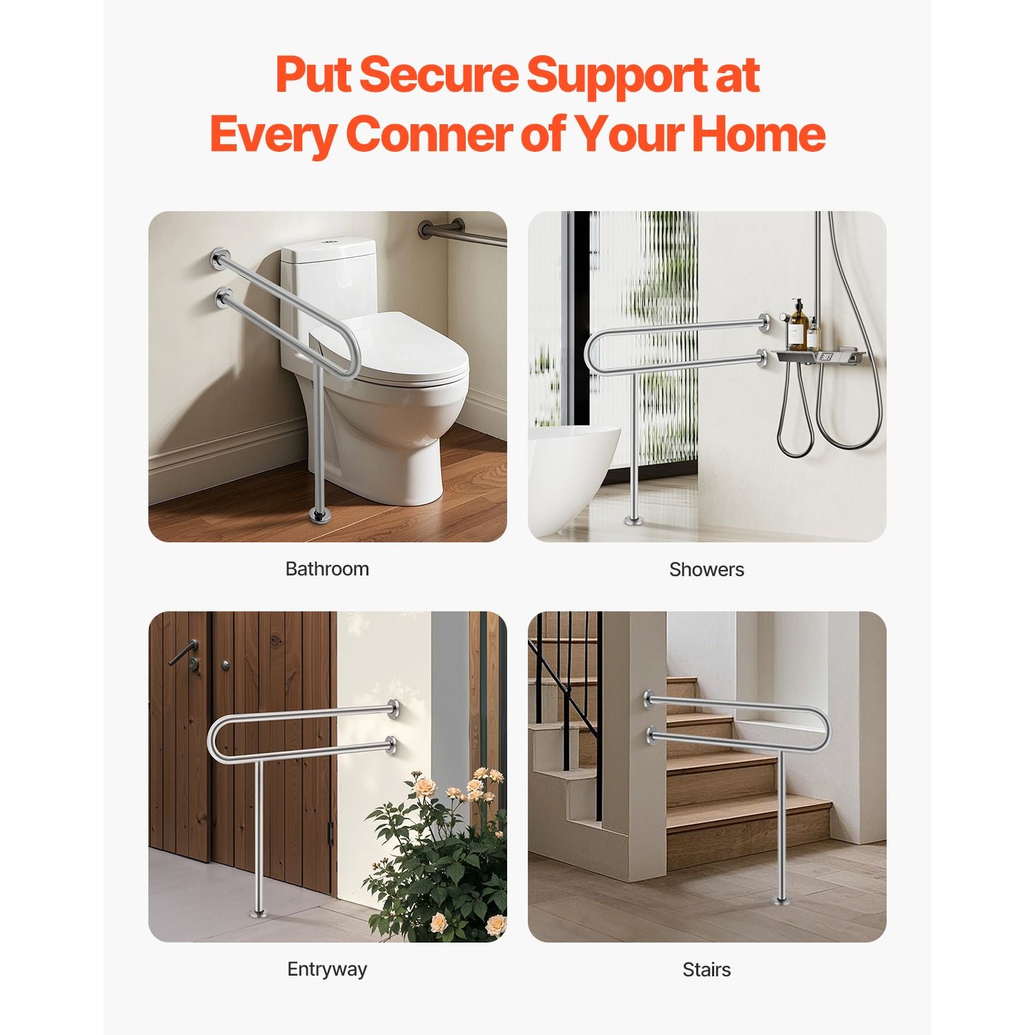 Toilet Safety Rail, 80 cm U-Shaped Handicap Grab Bar, 304 Stainless Steel Senior Safety Pole, Toilet Grab Bars with Anti-Slip Handle, 136 kg Load Capacity Security Handrail with Support Leg