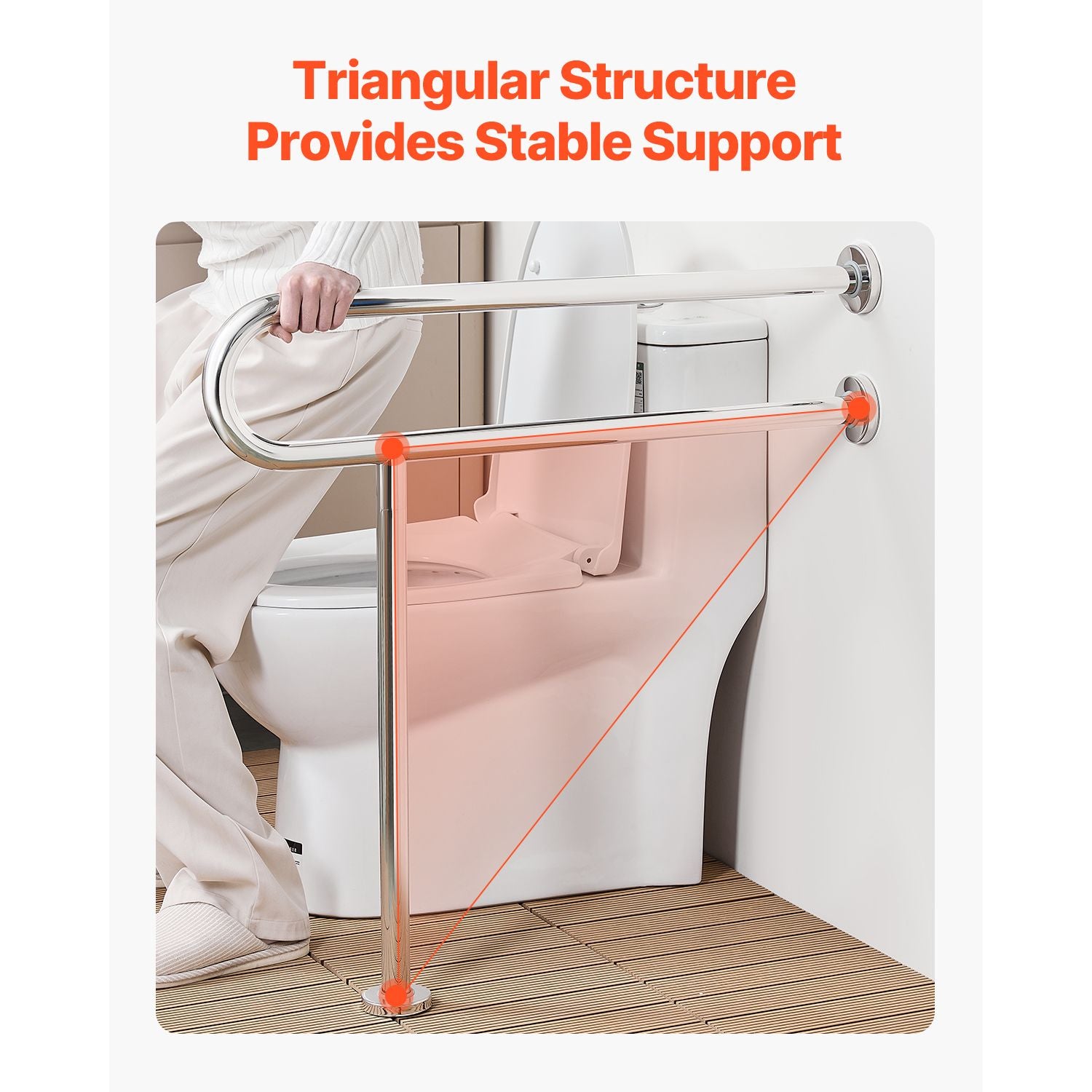Toilet Safety Rail, 80 cm U-Shaped Handicap Grab Bar, 304 Stainless Steel Senior Safety Pole, Toilet Grab Bars with Anti-Slip Handle, 136 kg Load Capacity Security Handrail with Support Leg