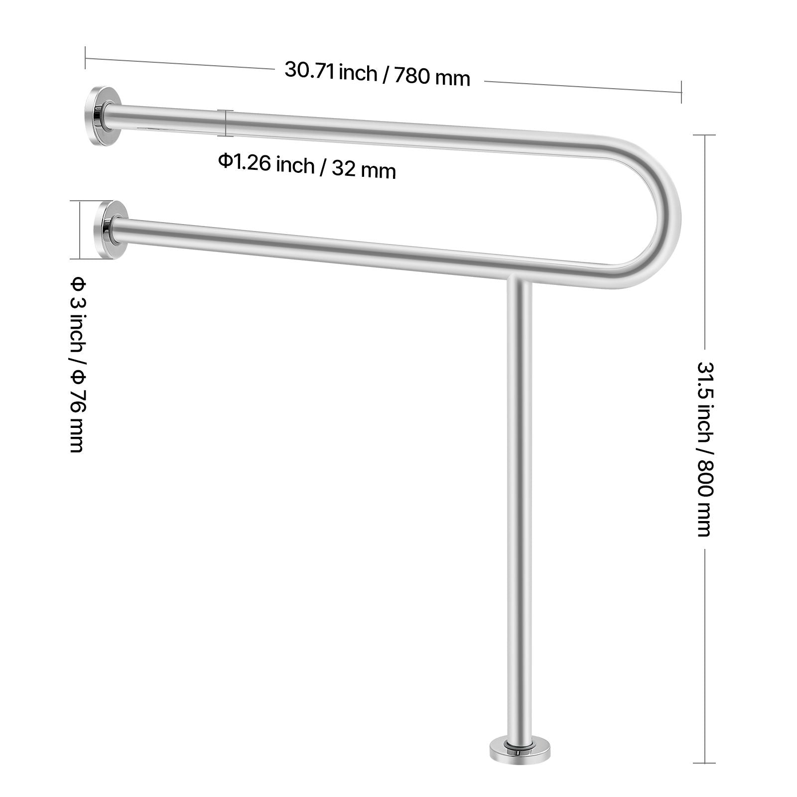 Toilet Safety Rail, 80 cm U-Shaped Handicap Grab Bar, 304 Stainless Steel Senior Safety Pole, Toilet Grab Bars with Anti-Slip Handle, 136 kg Load Capacity Security Handrail with Support Leg