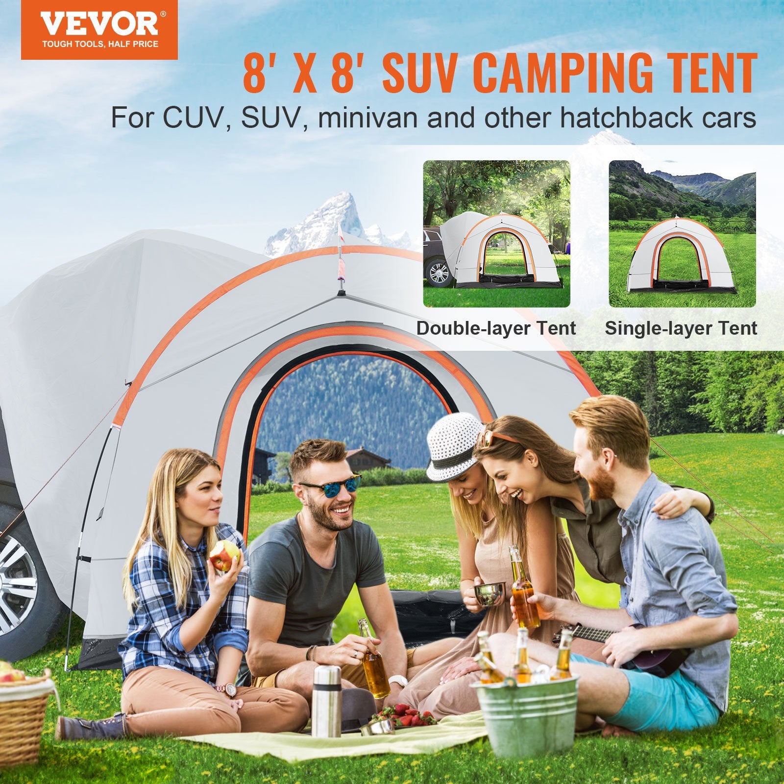 SUV Camping Tent, 8'-8' SUV Tent Attachment for Camping with Rain Layer and Carry Bag, PU2000mm Double Layer Truck Tent, Accommodate 6-8 Person, Rear Tent for Van Hatch Tailgate