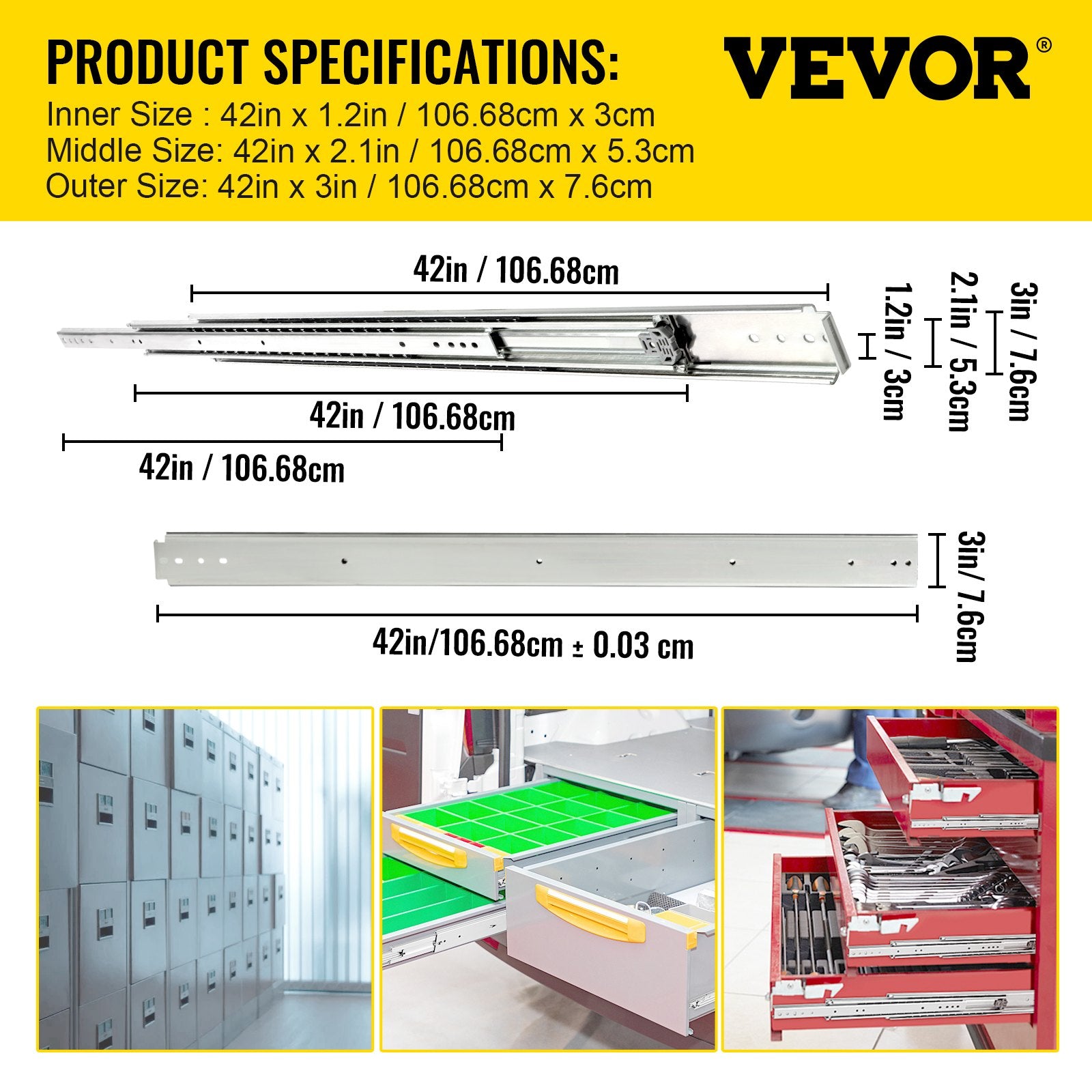 VEVOR Drawer Slides, 1 Pair 42 Inch Heavy Duty Drawer Slides, Ball Bearing Side Mount Drawer Hardware Slides, 500 LBS Load Capacity 3-Section Full Extension Drawer Slides for Smooth Slide, Less Noise