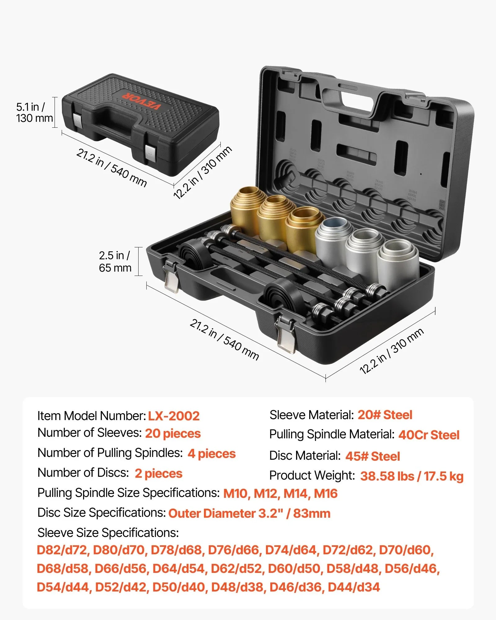 Pull and Press Sleeve Kit, 26 PCS, Steel Bush Removal Insertion Sleeve Tools with Carrying Case, Compatible with LCV and HGV Engines, for Removing and Installing Bushings, Bearings, and Seals