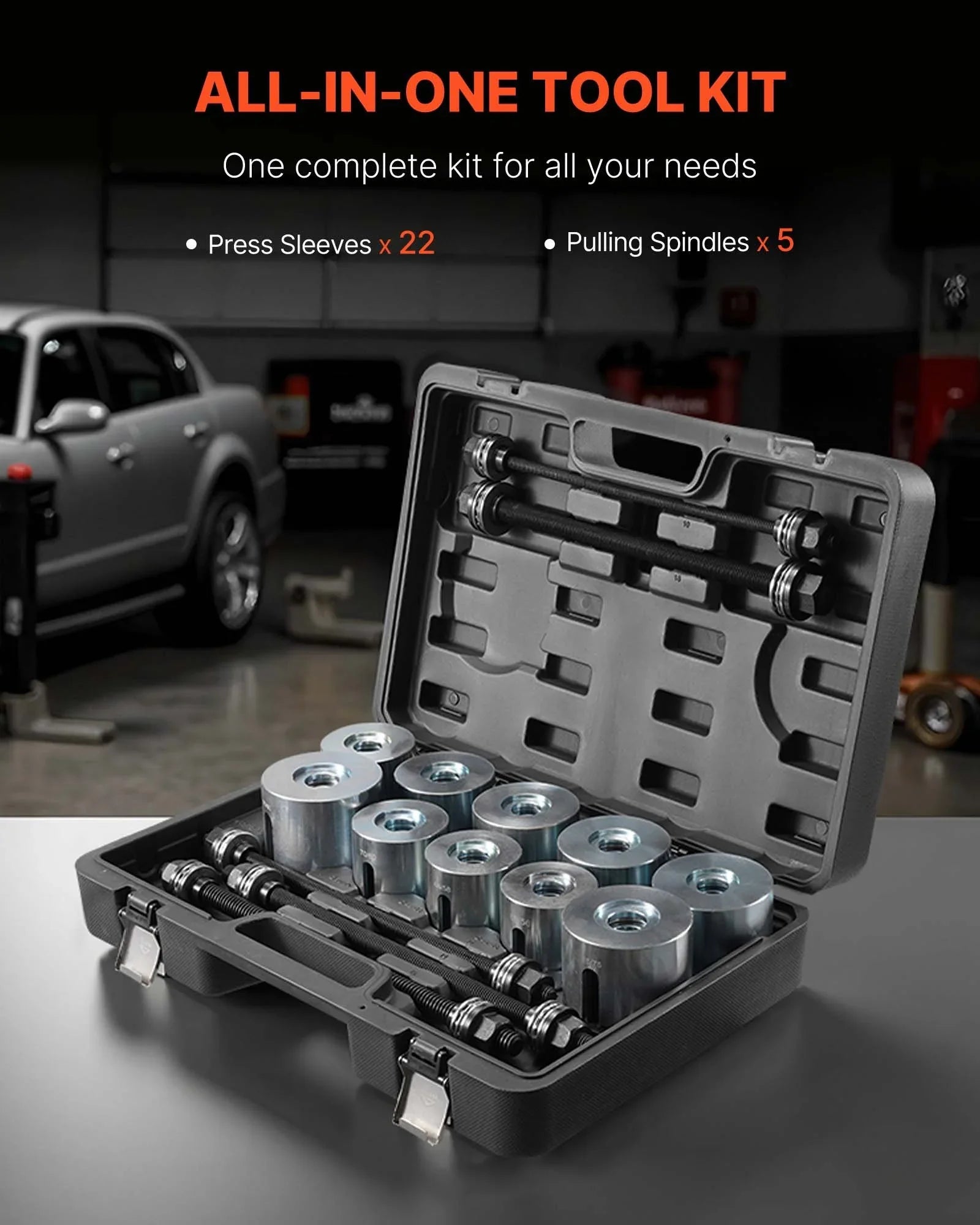 Pull and Press Sleeve Kit, 27 PCS, Steel Bush Removal Insertion Sleeve Tools with Carrying Case, Compatible with LCV and HGV Engines, for Removing and Installing Bushings, Bearings, and Seals