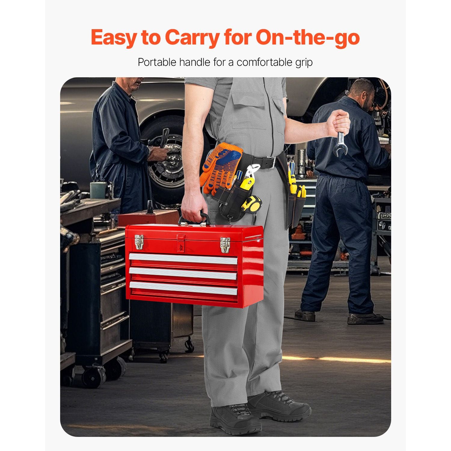 Tool Box 520 mm Portable Metal Tool Box 3 Drawers Tool Organizer Red