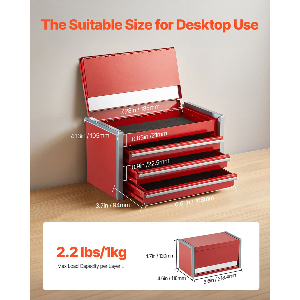 Metal Tool Box, 8.6-inch, Portable Metal Tool Box with 3 Drawers, Small Tool Chest with EVA Liners and PP Feet Pads, Heavy-Duty Steel With Ball Bearing Opening and Powder Coated Finish, Red