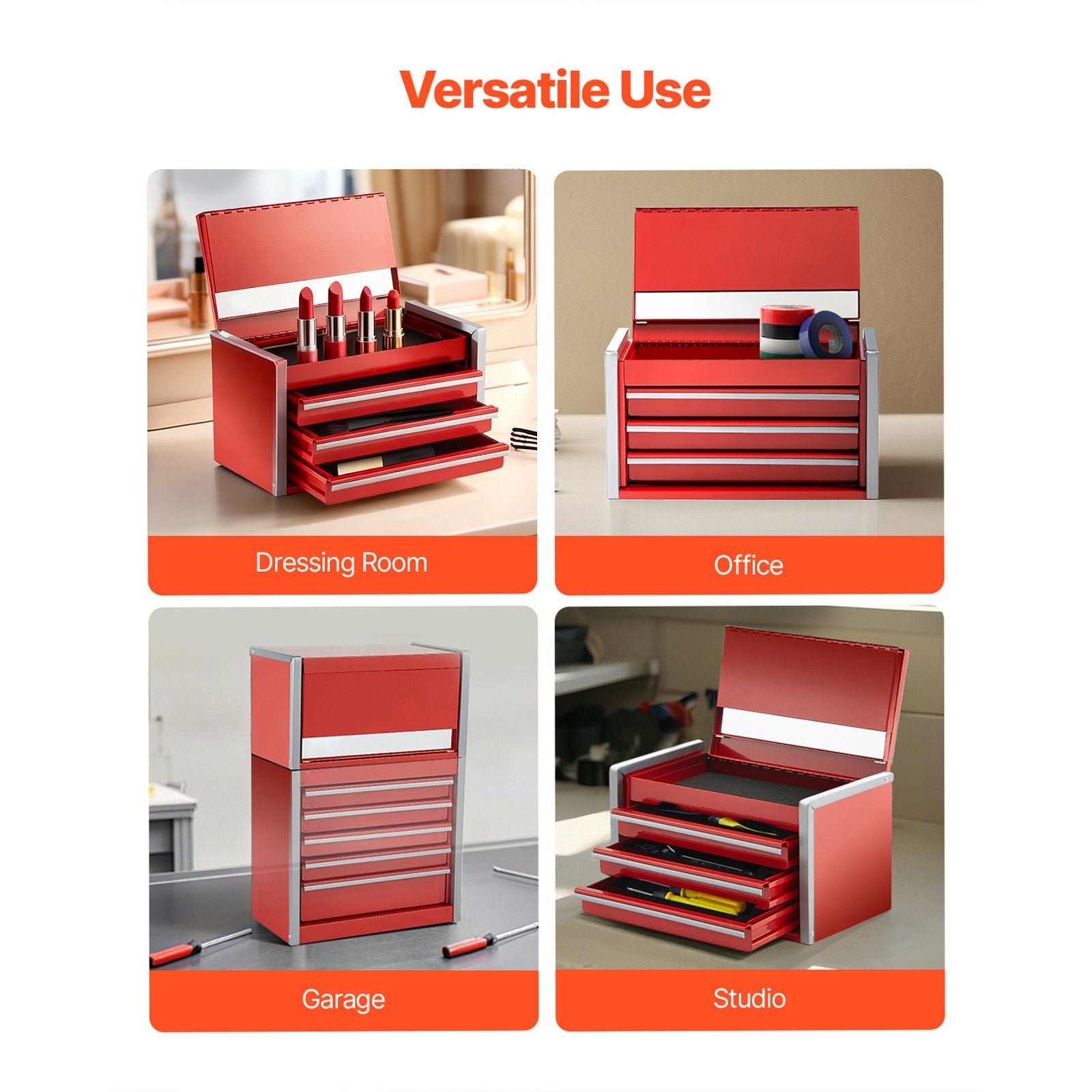 Metal Tool Box, 8.6-inch, Portable Metal Tool Box with 3 Drawers, Small Tool Chest with EVA Liners and PP Feet Pads, Heavy-Duty Steel With Ball Bearing Opening and Powder Coated Finish, Red